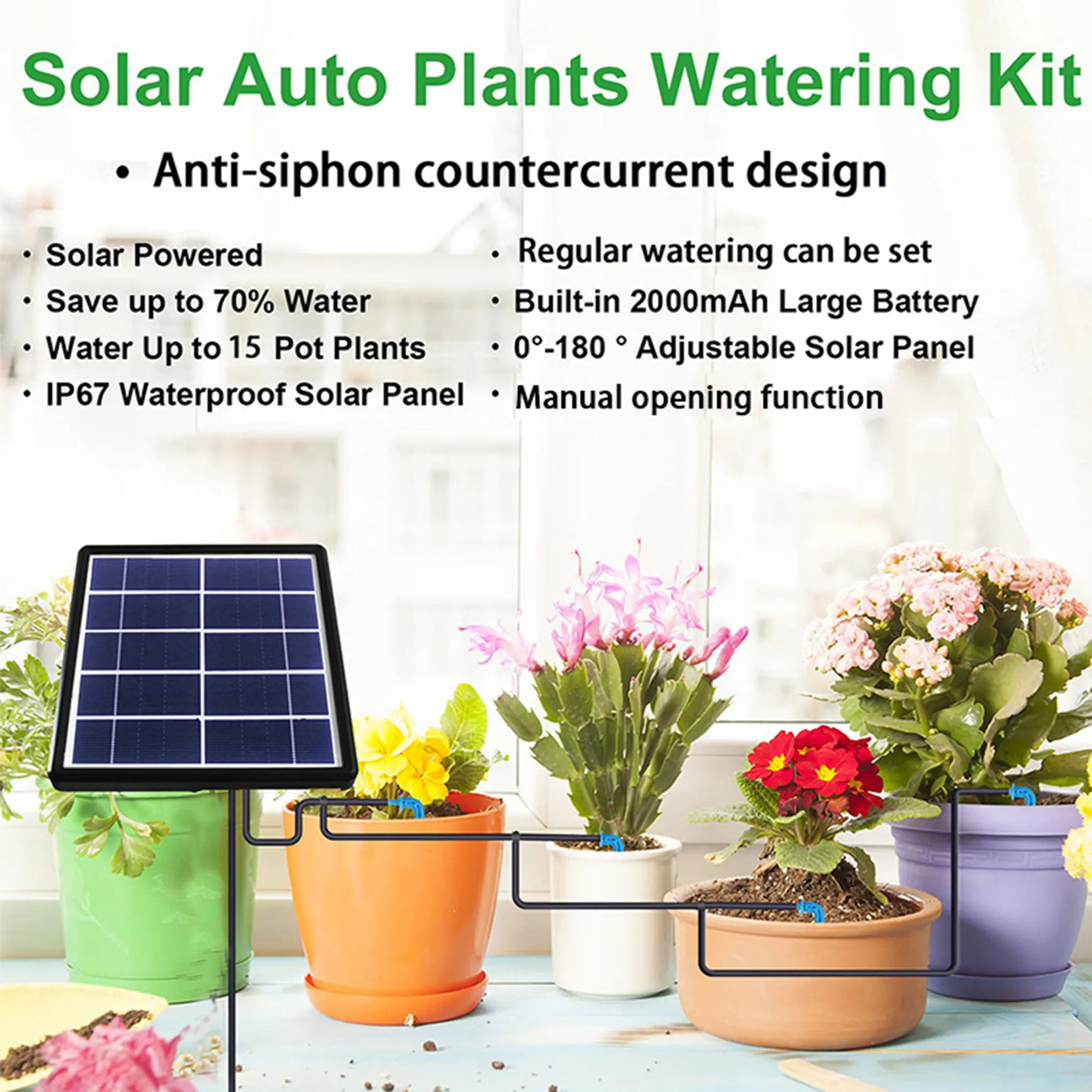 Solarpanel-Bewässerungskit mit Blumen in Töpfen und Bewässerungsschläuchen.