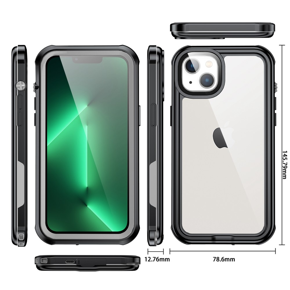 Une coque de protection noire pour iPhone montrée sous tous les angles, avec dimensions.