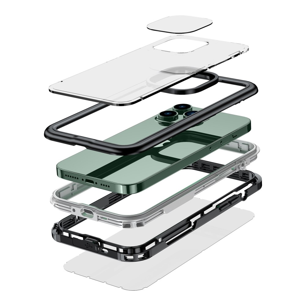 Vue éclatée d'une coque de téléphone verte avec plusieurs couches de protection.
