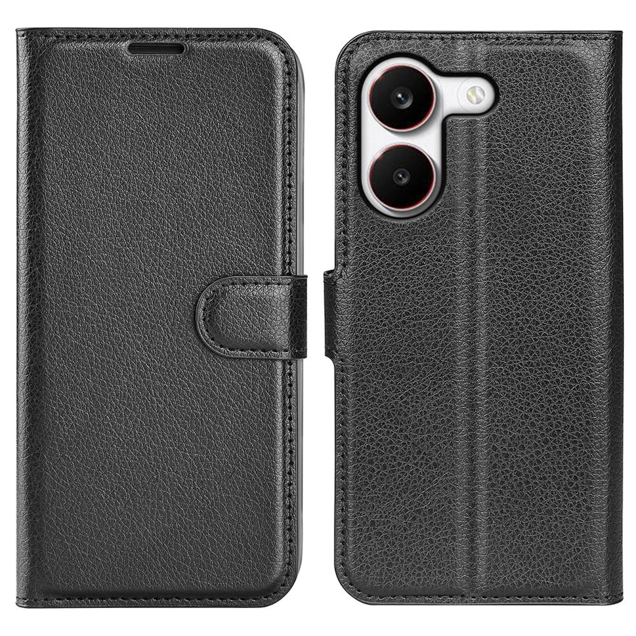 Schwarzes Leder-Flip-Case für ein Smartphone mit sichtbarer Kameraöffnung.