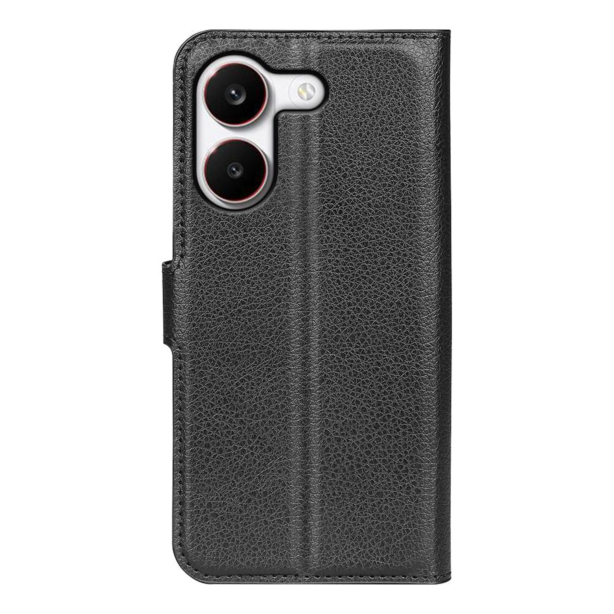 Schwarzes Leder-Flip-Case für ein Smartphone mit sichtbaren Kameralinsen.