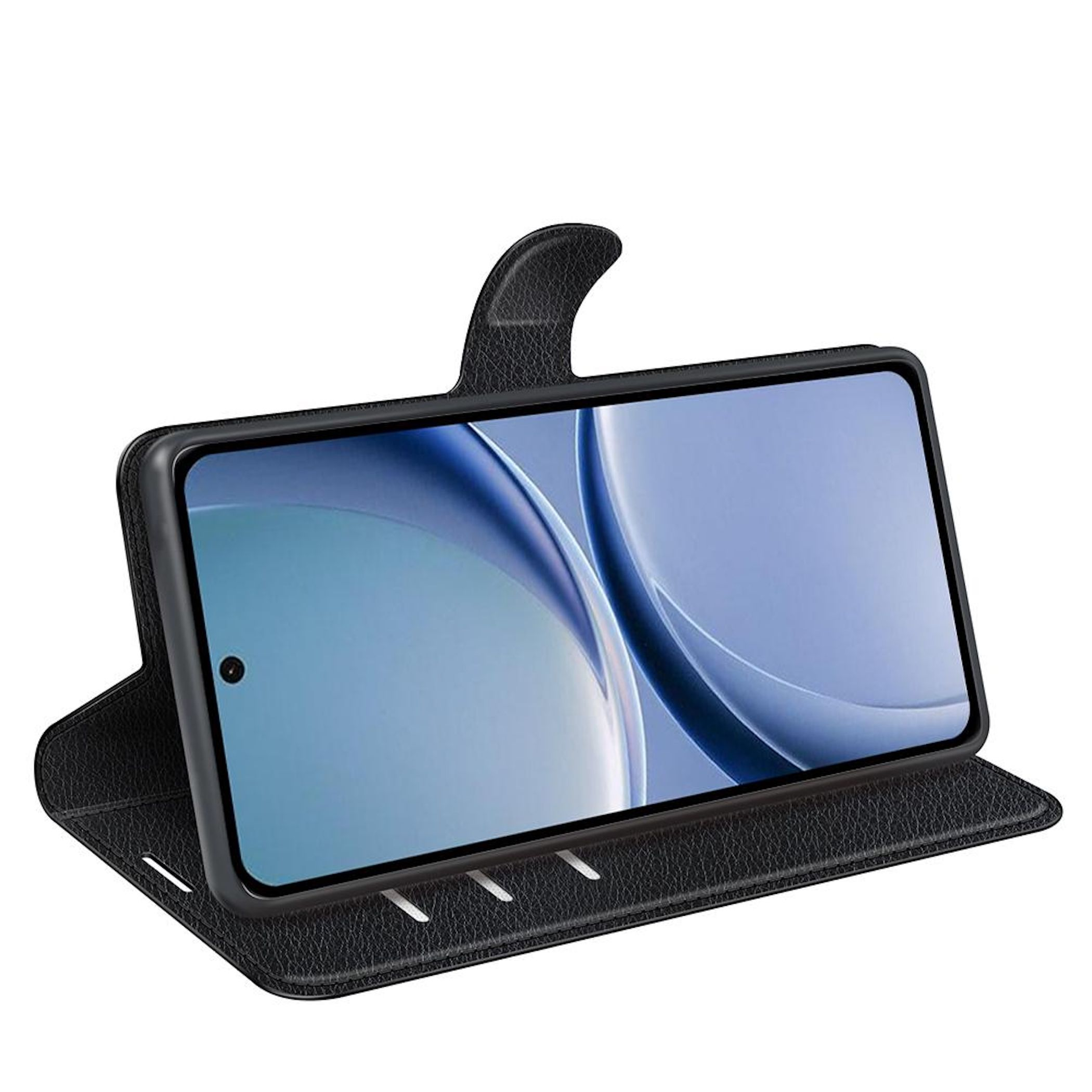 Schwarzes Flip-Case für ein Smartphone mit offenem Bildschirm.