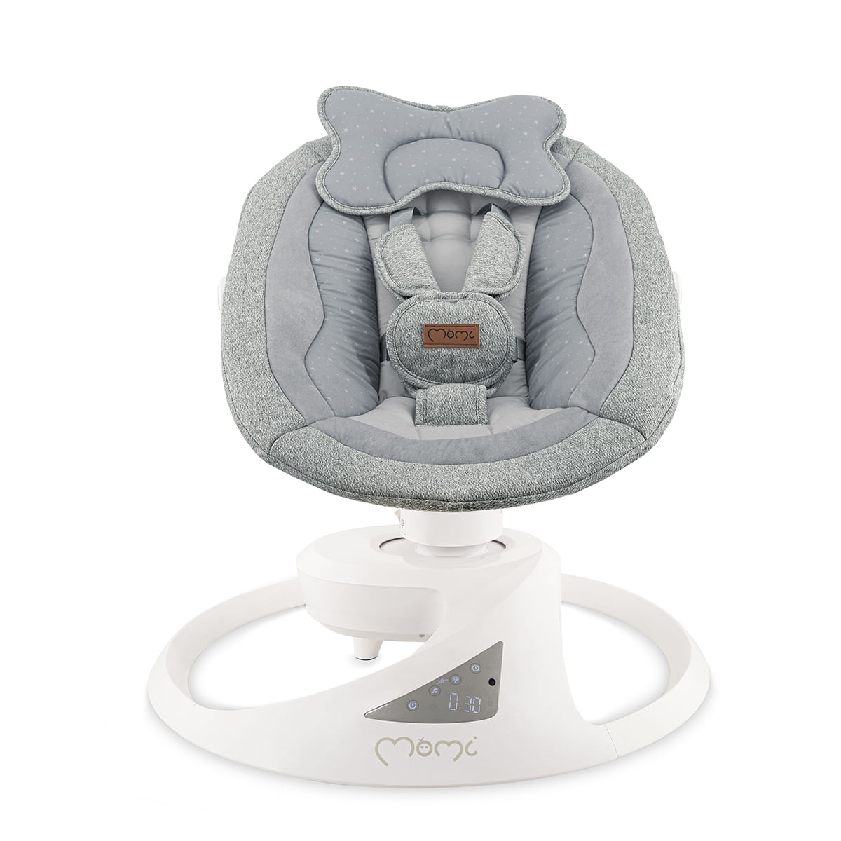 Ein grauer Babywippen-Schaukelstuhl mit Sternenmuster und einem digitalen Display.