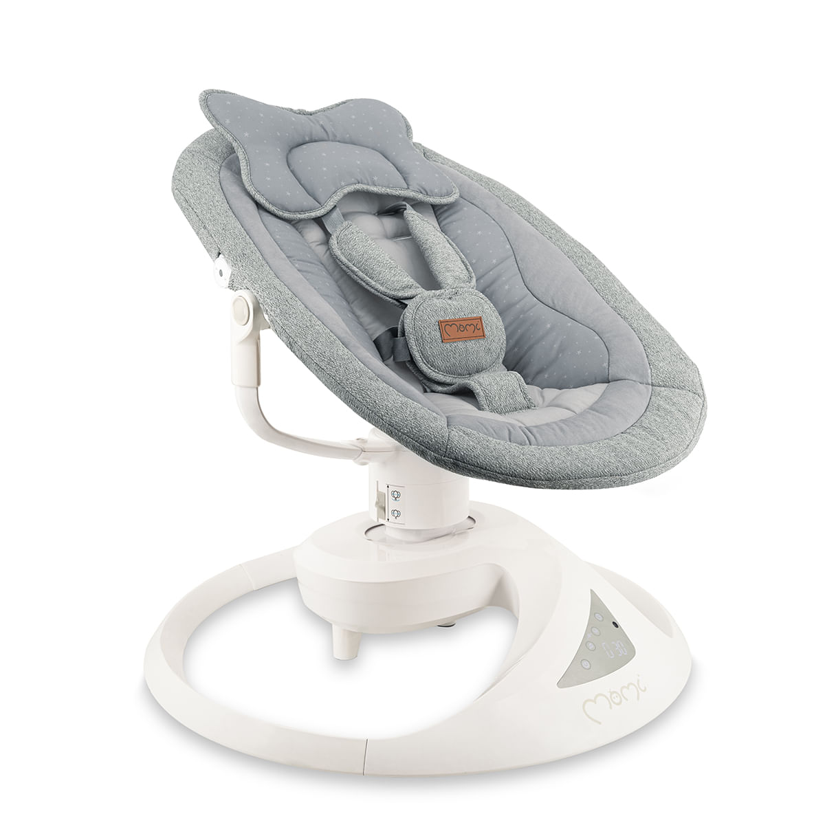 Grauer Babyschaukel mit Sternenmuster, gepolstertem Sitz und weißem Gestell.
