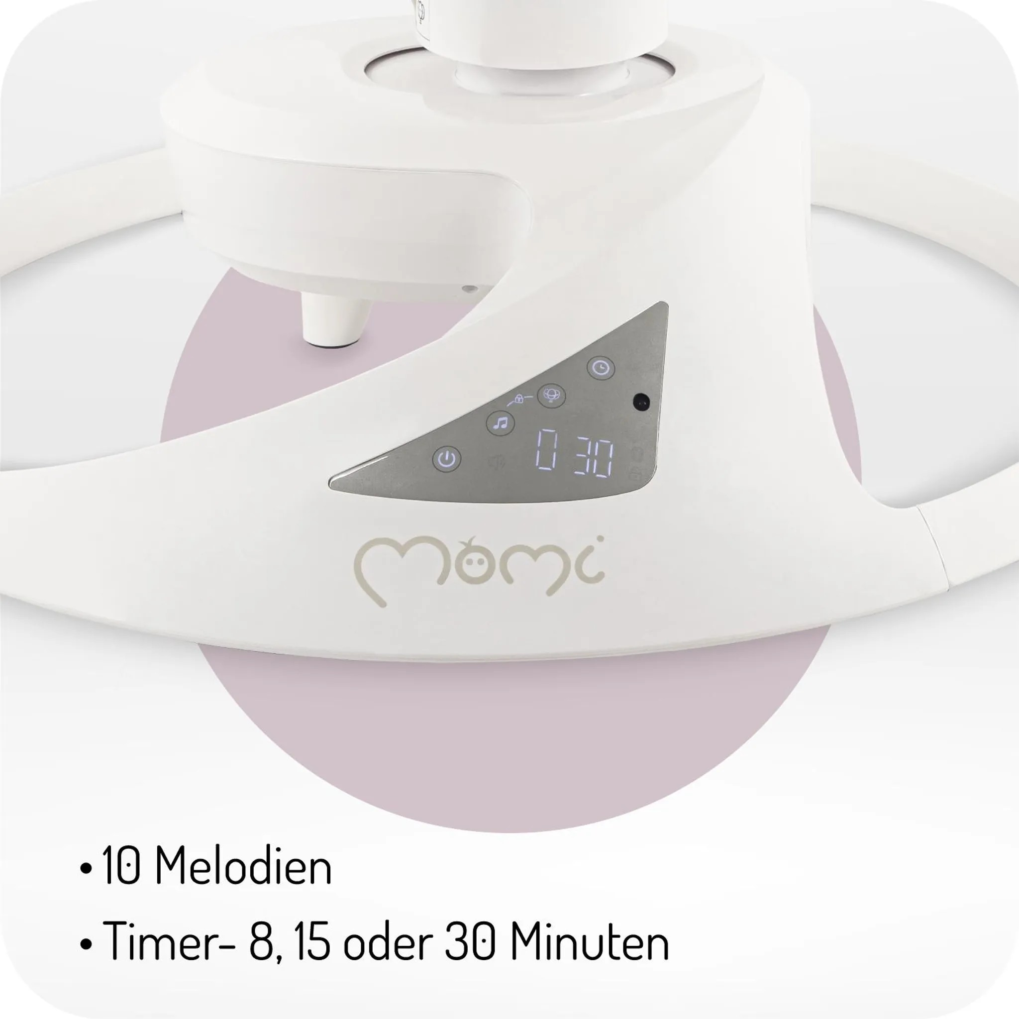 Weiße Babywippe mit digitaler Anzeige (0:30) und Momi-Logo.