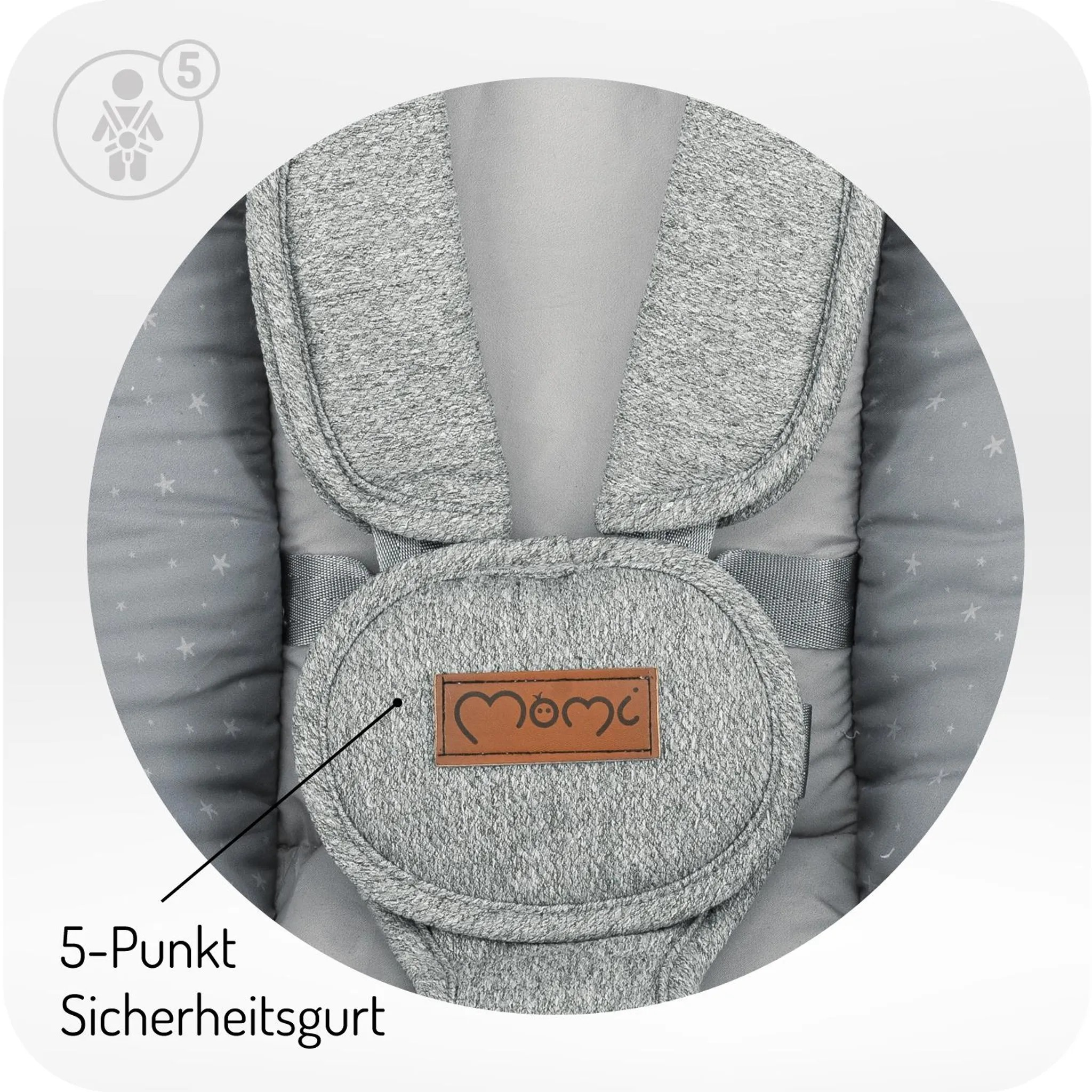 Grauer Babytragegurt mit Sternenmuster und einem braunen Markenlogo.