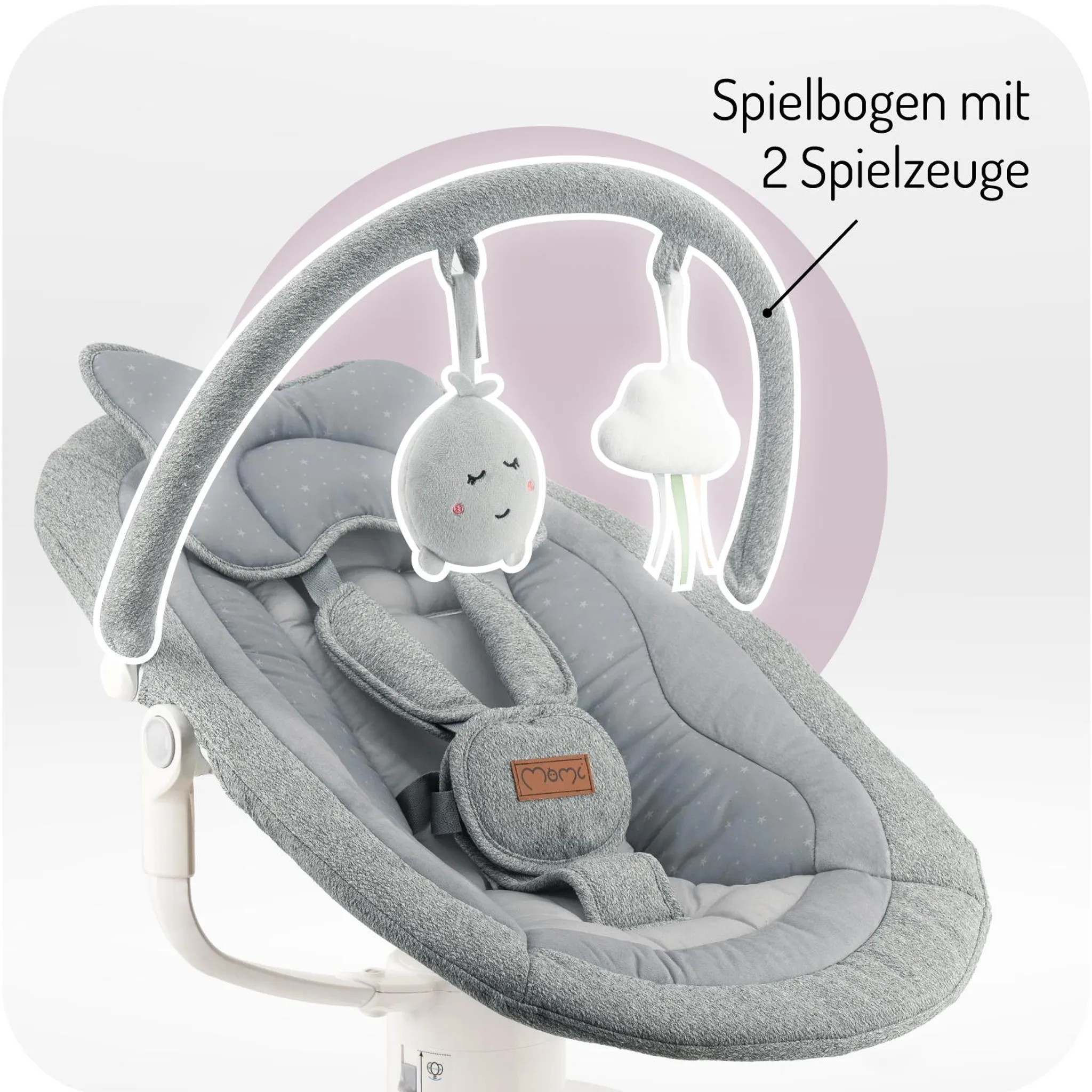 Grauer Babyschaukel mit Spielbogen und zwei hängenden Spielzeugen. Ein Spielzeug ist ein Wal, das andere eine Wolke.