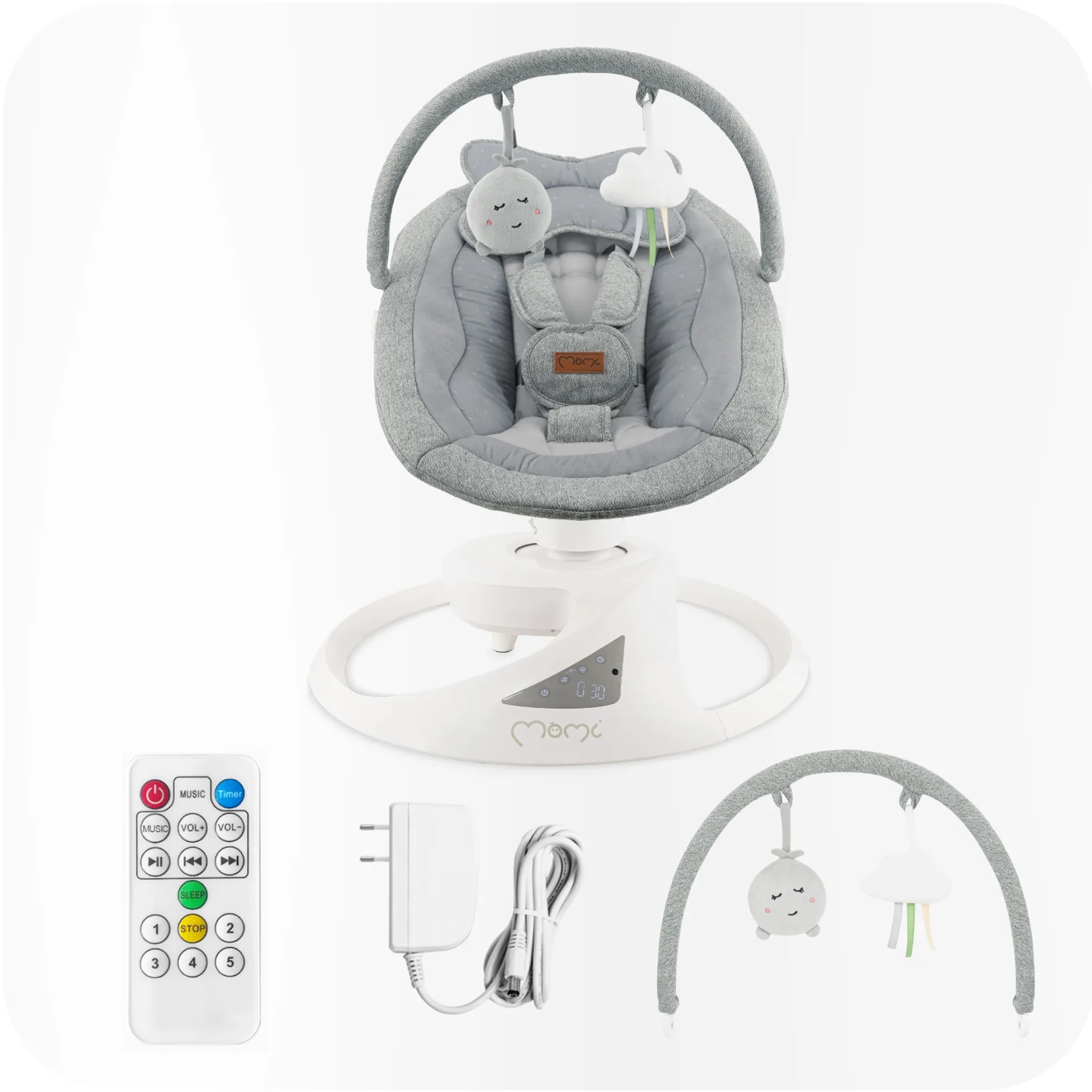 Grauer Babyschaukel mit Spielzeug, Fernbedienung, Netzteil und Kabel.