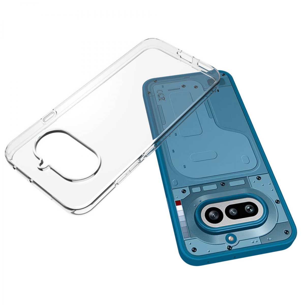 Transparente Handyhülle mit blauer Rückseite und Kamerausschnitt.
