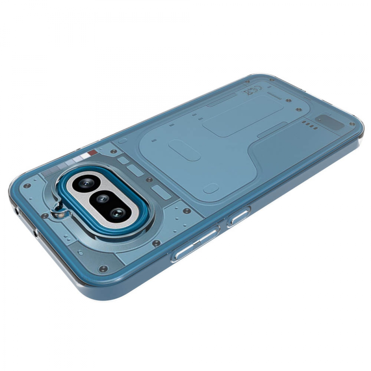 Blaue Handyhülle mit drei Kameras und mechanischem Design.