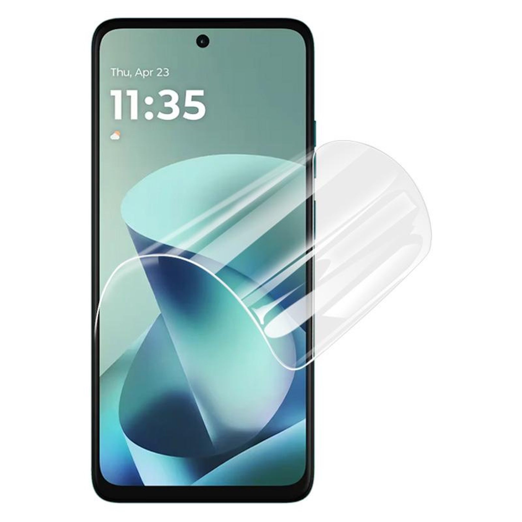 Ein Smartphone mit einem Bildschirm, der 11:35 Uhr anzeigt, und einer Displayschutzfolie.