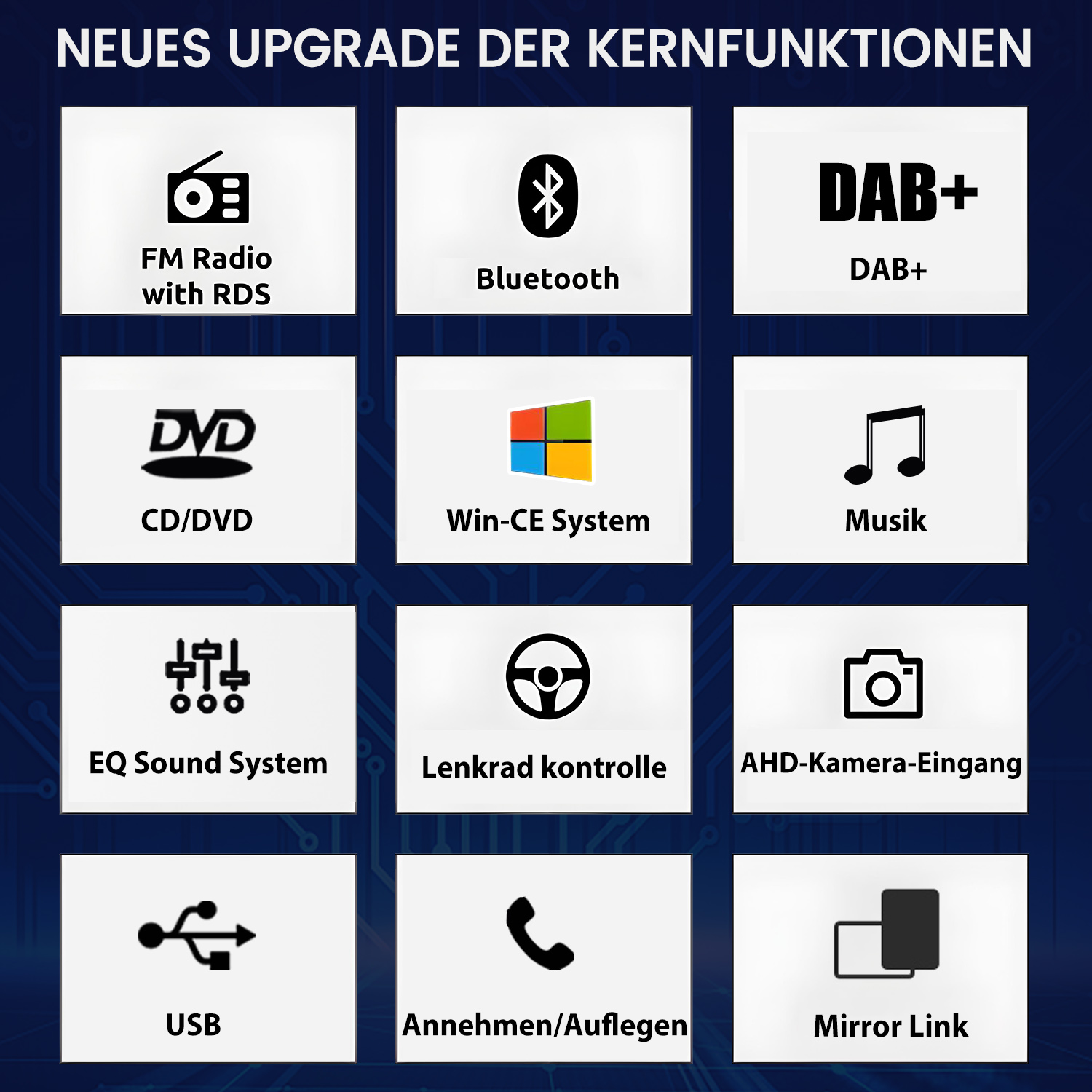Neues Upgrade der Kernfunktionen: FM Radio, Bluetooth, DAB+, CD/DVD, Win-CE, Musik, EQ Sound, Lenkradkontrolle, Kamera, USB, Annehmen/Auflegen, Mirror Link.