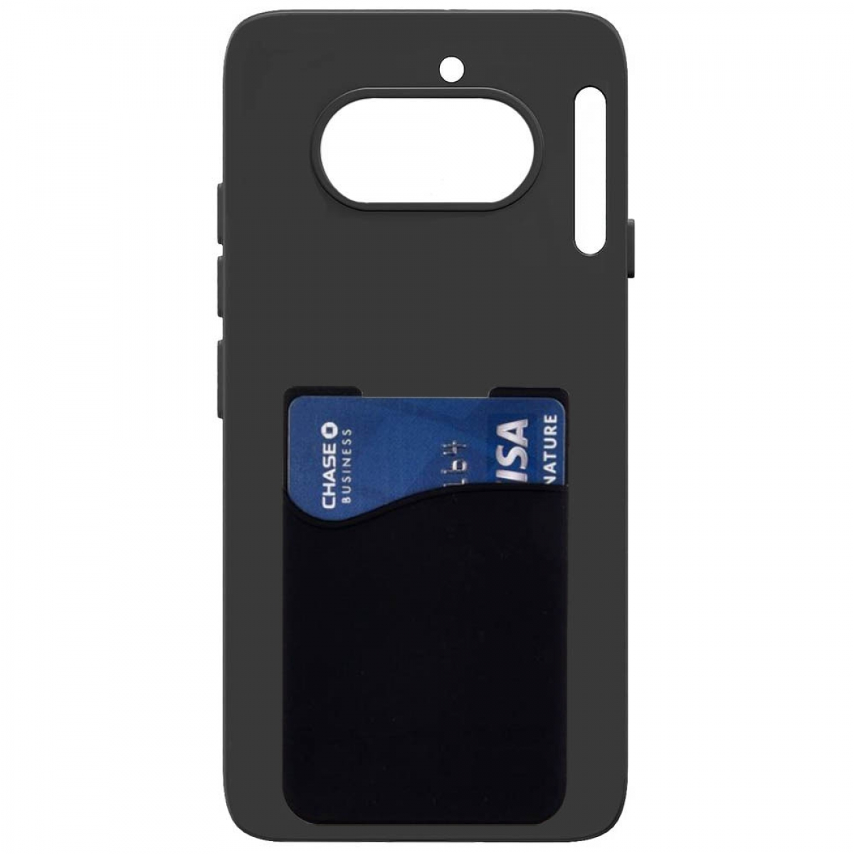 Schwarze Handyhülle mit Kartenfach und einer blauen Chase Visa Karte.