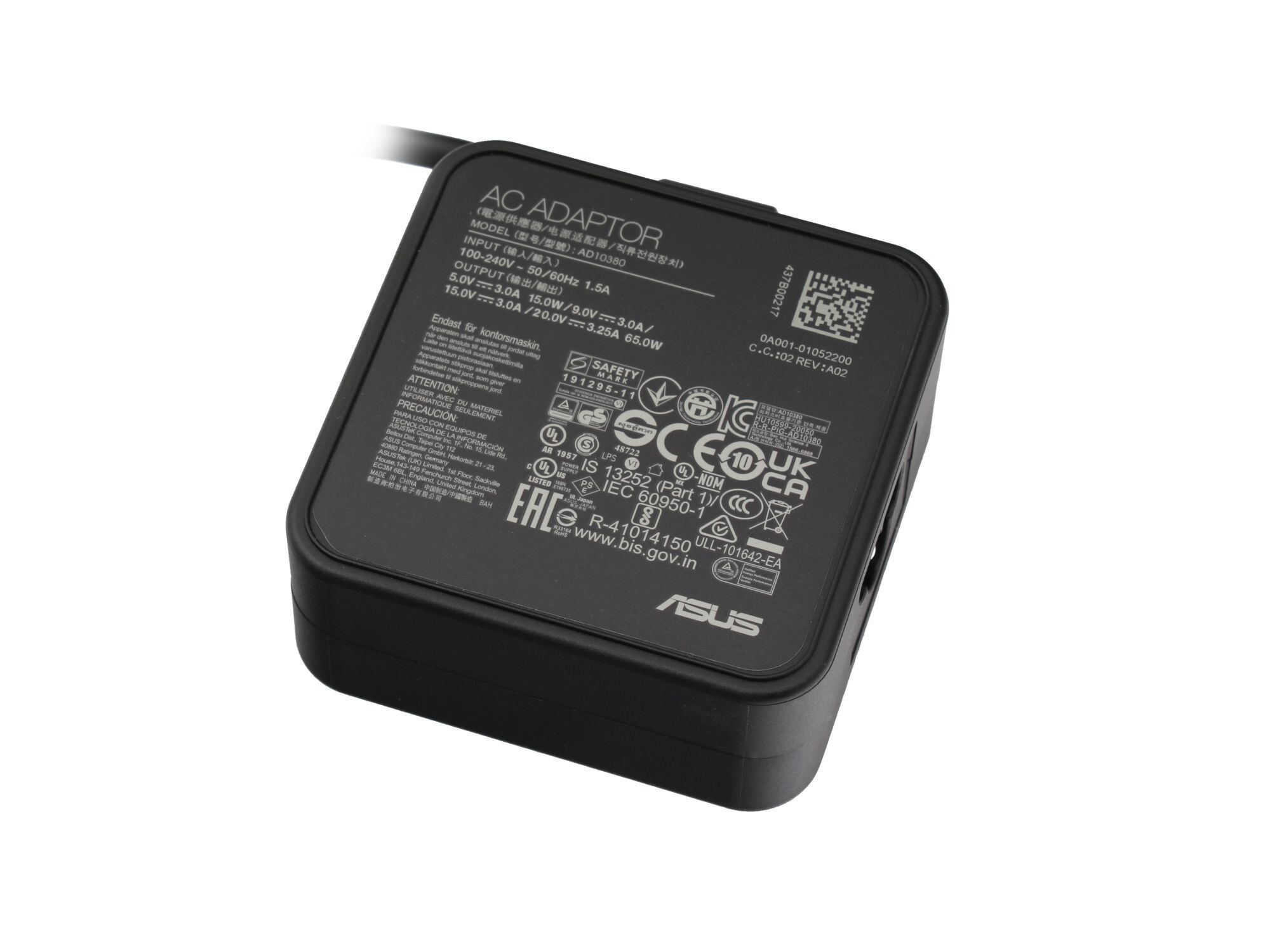 Schwarzer ASUS Netzteil mit Modell AD10380 und Sicherheitszertifizierungen.