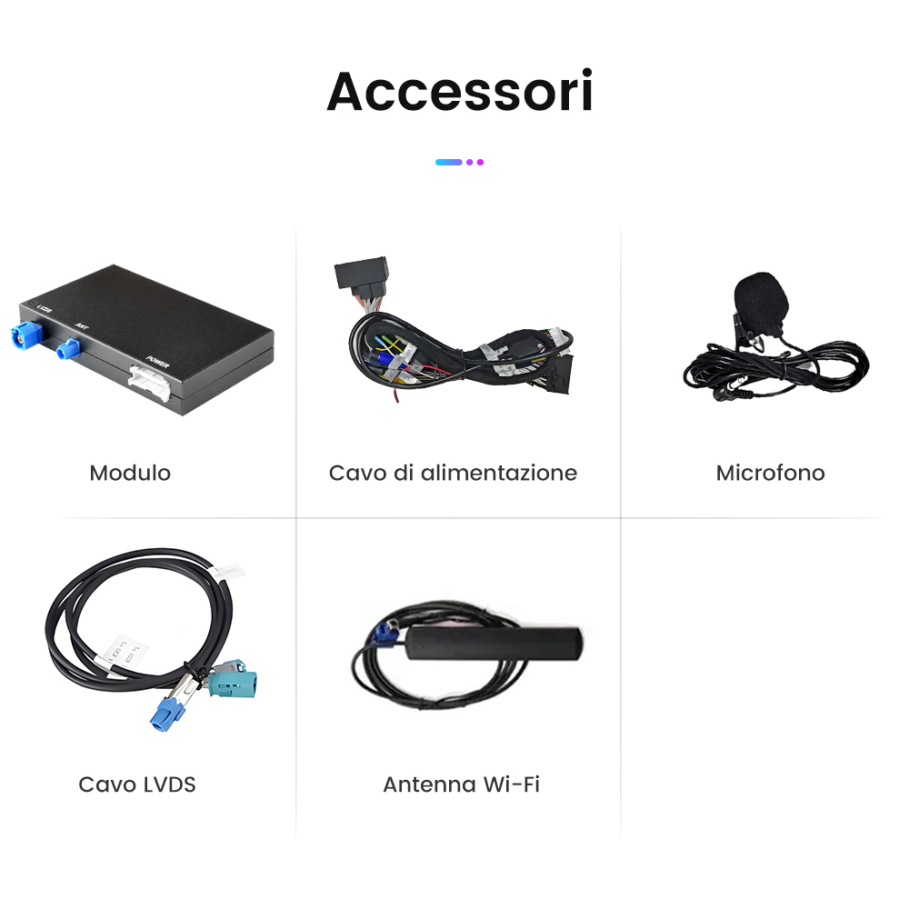 Un modulo nero, cavo di alimentazione, microfono, cavo LVDS e antenna Wi-Fi.