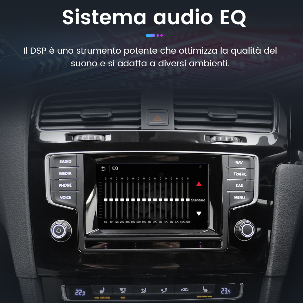 Cruscotto auto con equalizzatore audio sullo schermo dell'infotainment.