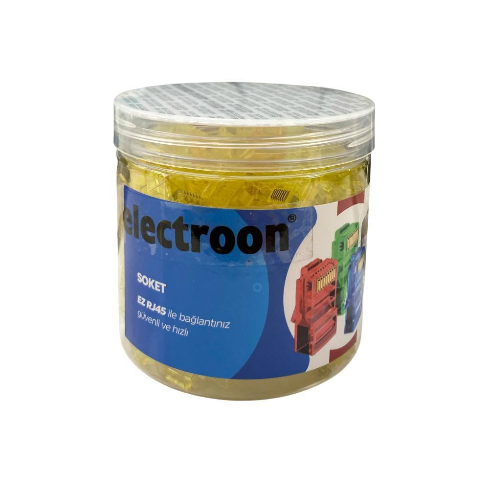 Electroon RJ45 konnektörleri içeren kırmızı, yeşil, mavi renkli kap, beyaz zeminde.