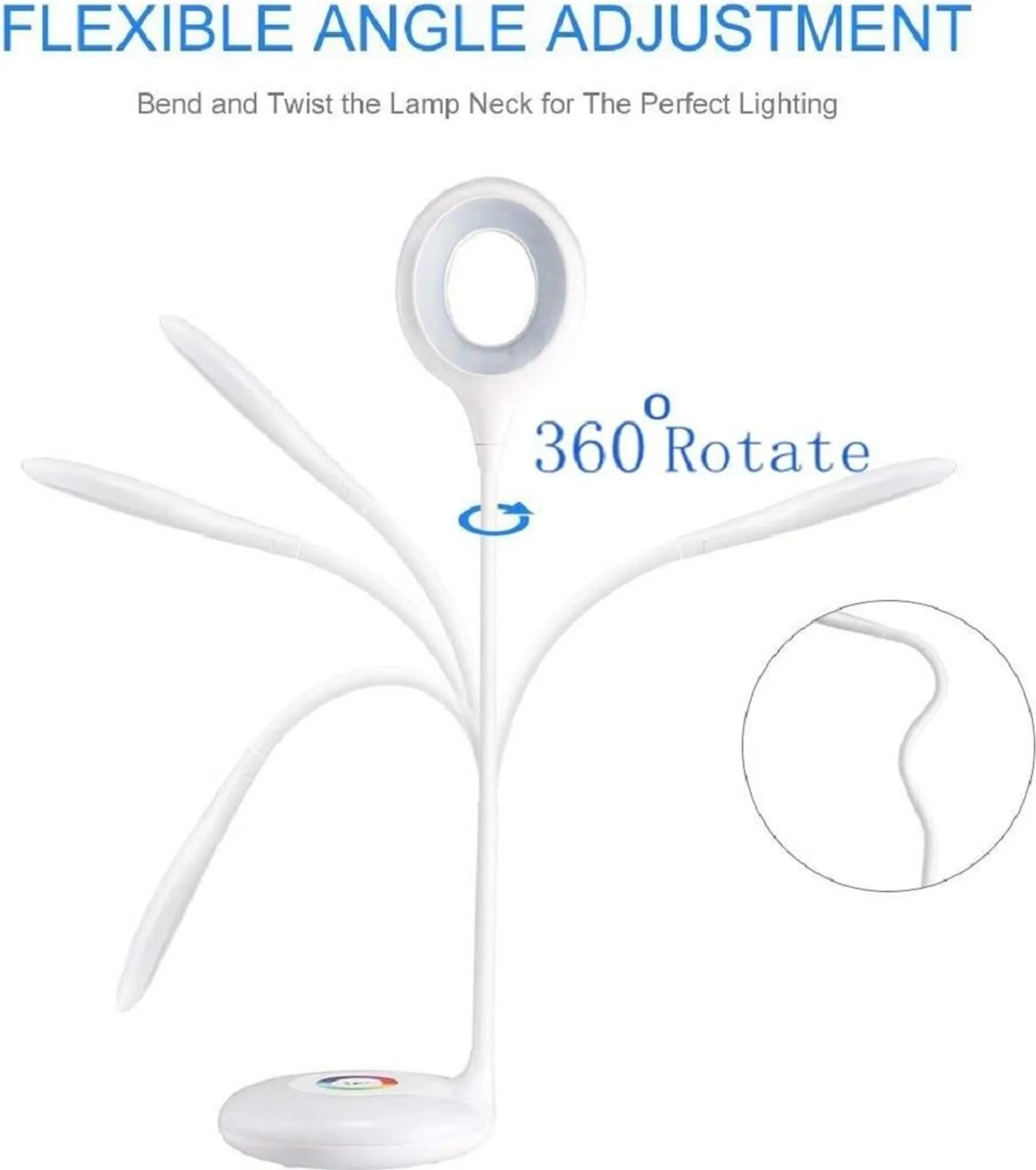 Weiße Schreibtischlampe mit flexiblen Hals und 360 Grad Rotation.