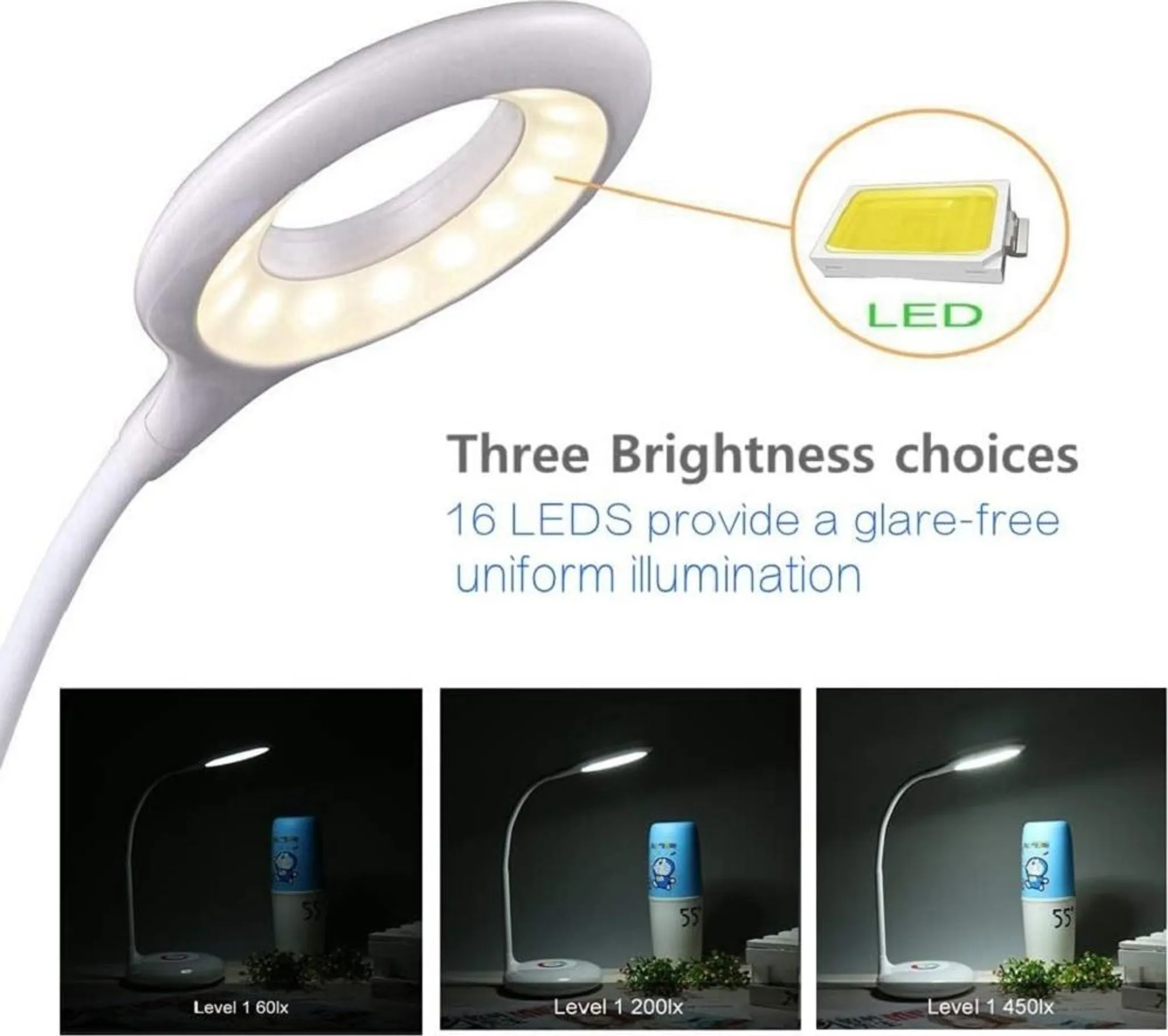 Eine weiße LED-Schreibtischlampe mit drei Helligkeitsstufen, daneben ein LED-Chip.