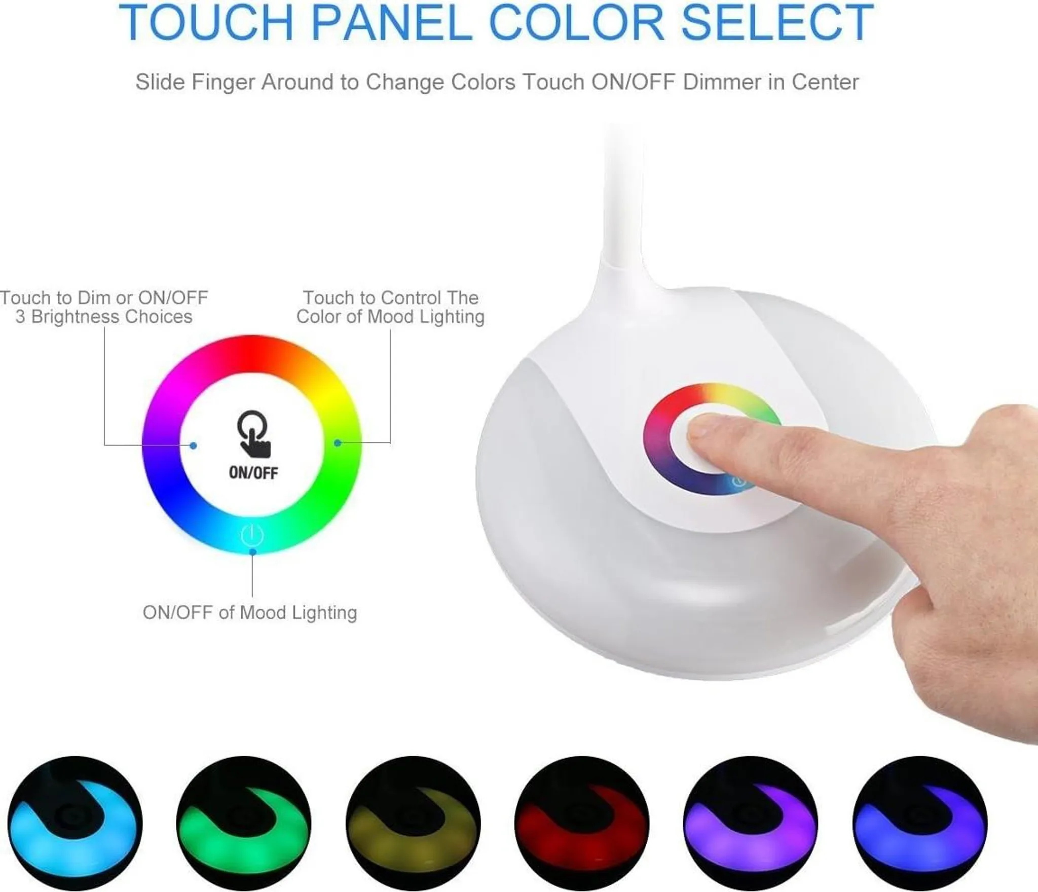 Ein Finger berührt ein Touchpanel mit Farbwahl und Ein/Aus-Funktion.
