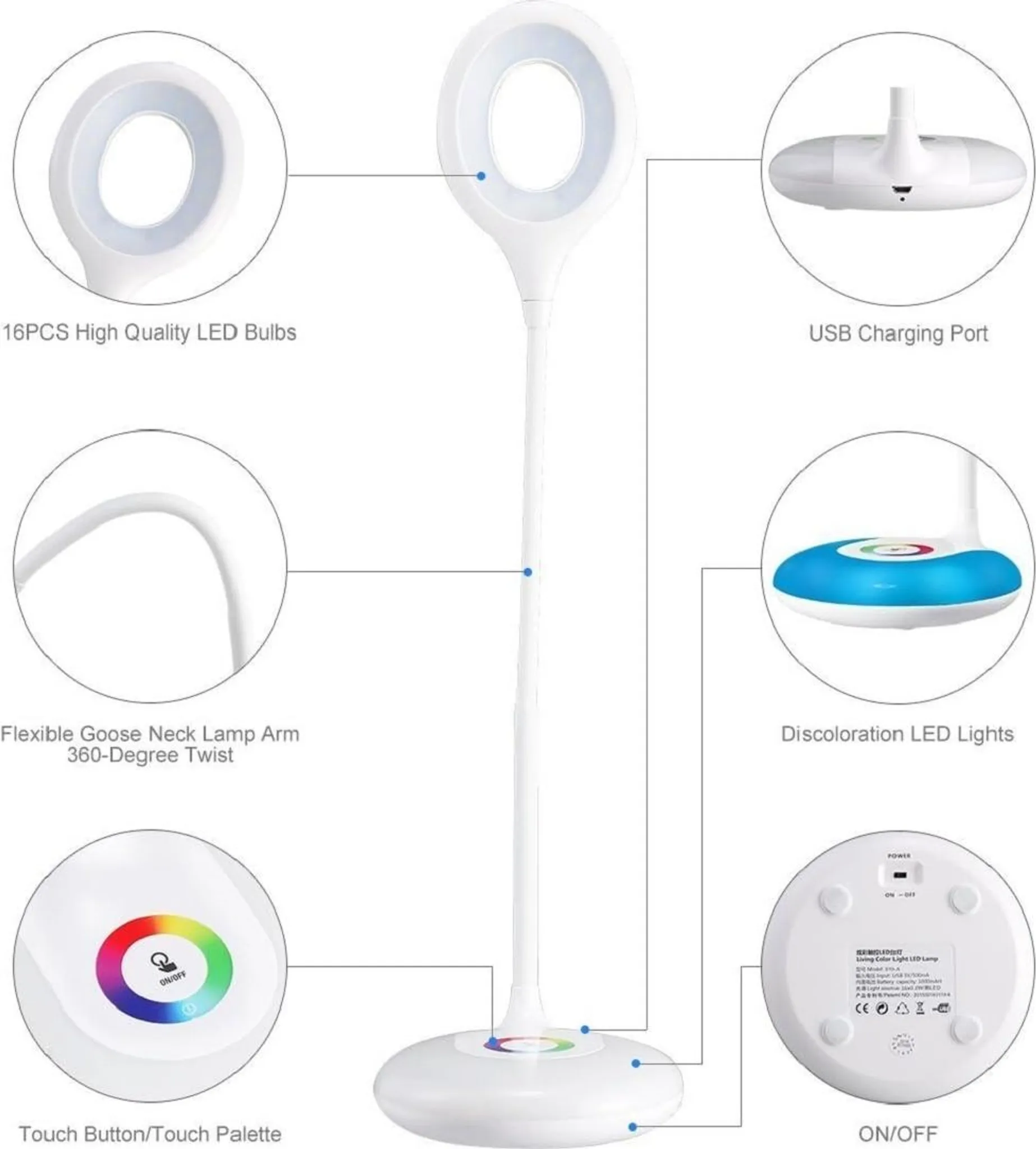 Eine weiße Schreibtischlampe mit flexiblem Hals, USB-Anschluss und Farbwechsel-LEDs.