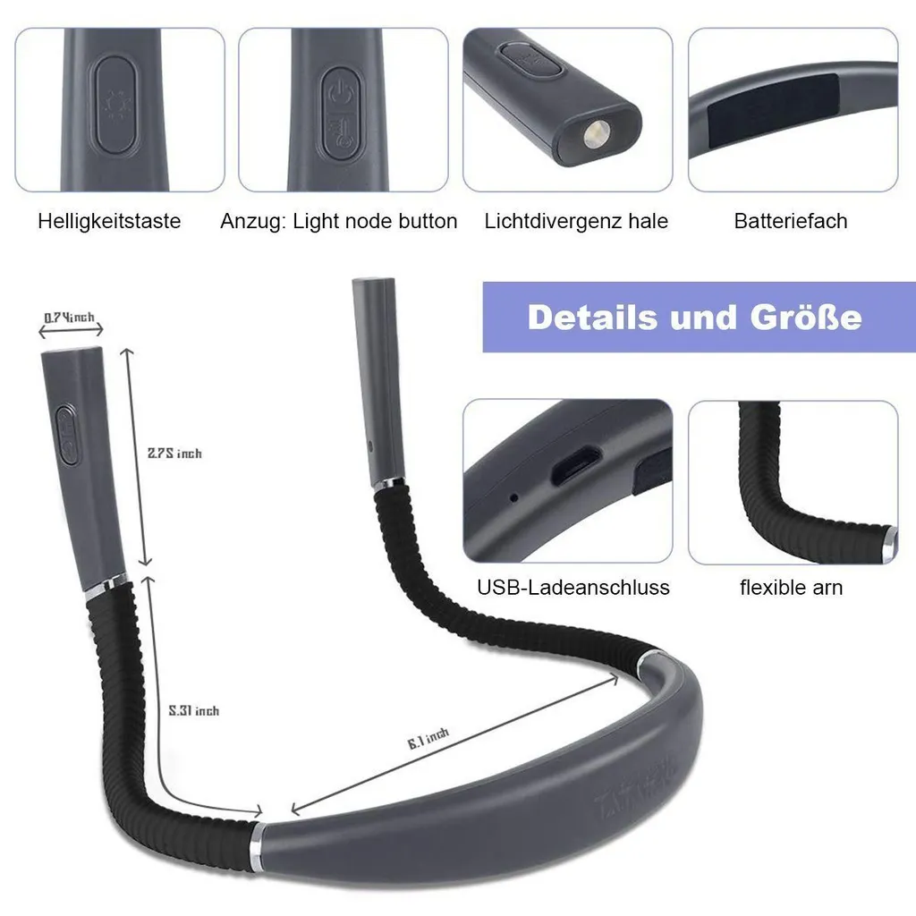 Graues Nackenhalllicht mit USB-Anschluss, flexiblen Armen und Maßen.