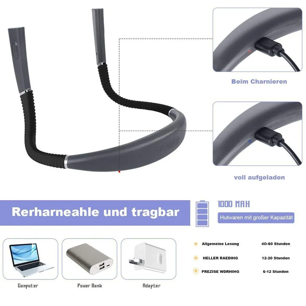 Ein Nackenlicht mit USB-Ladeanschluss und Akkulaufzeit-Details.