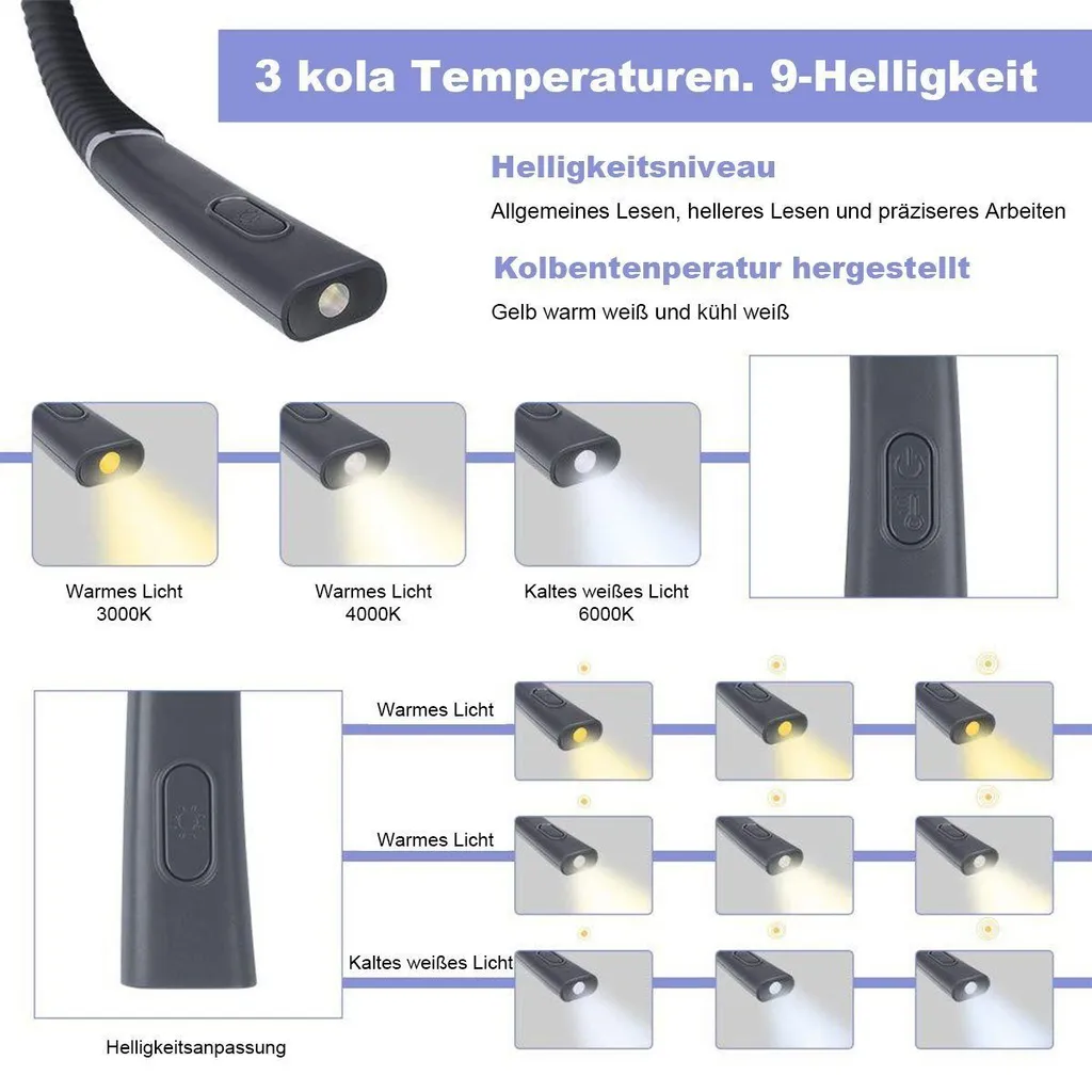 Ein Buchlicht mit drei Farbtemperaturen und neun Helligkeitsstufen.