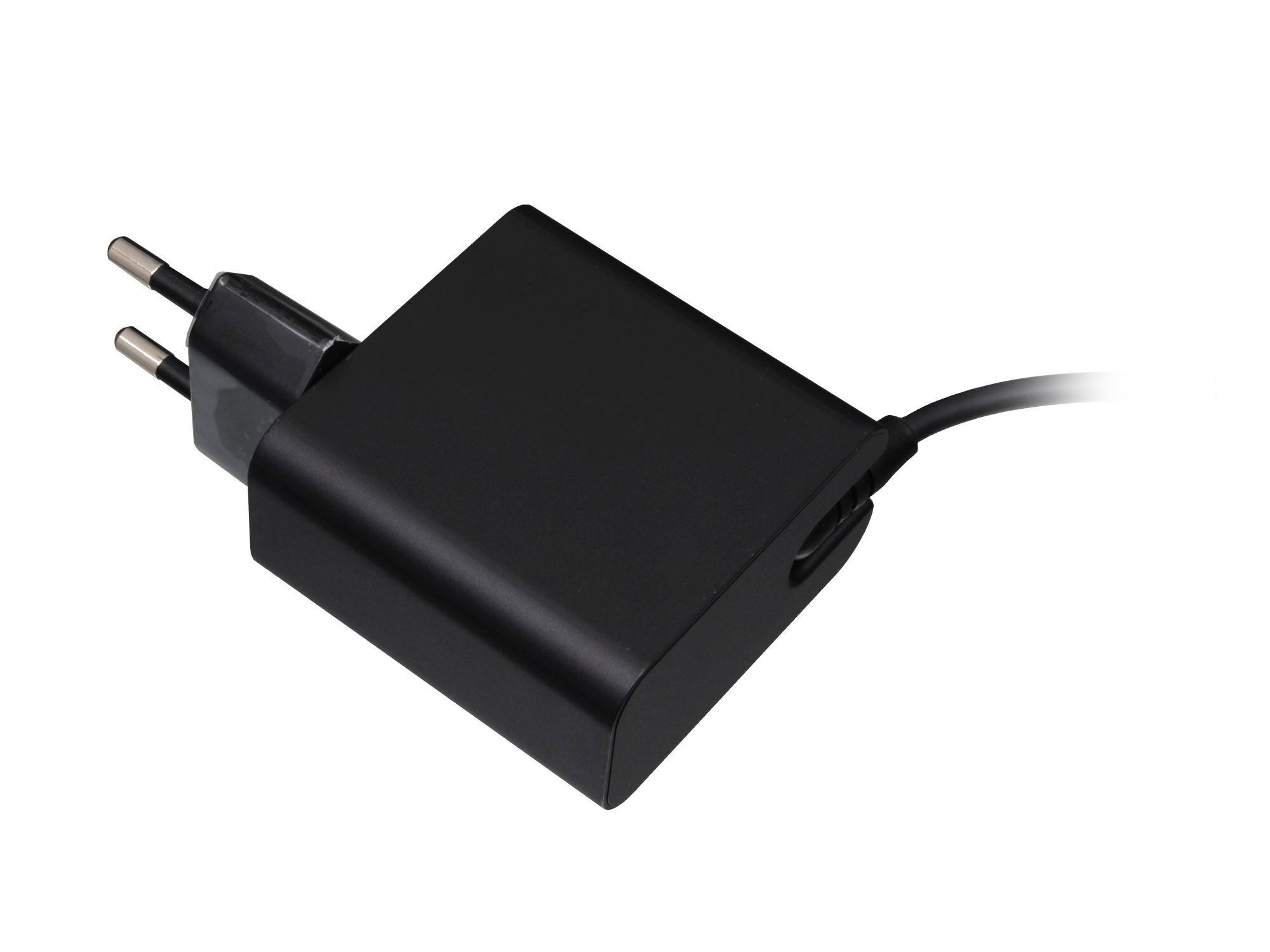 Schwarzer Netzsteckeradapter mit zwei Metallstiften und einem Kabel.