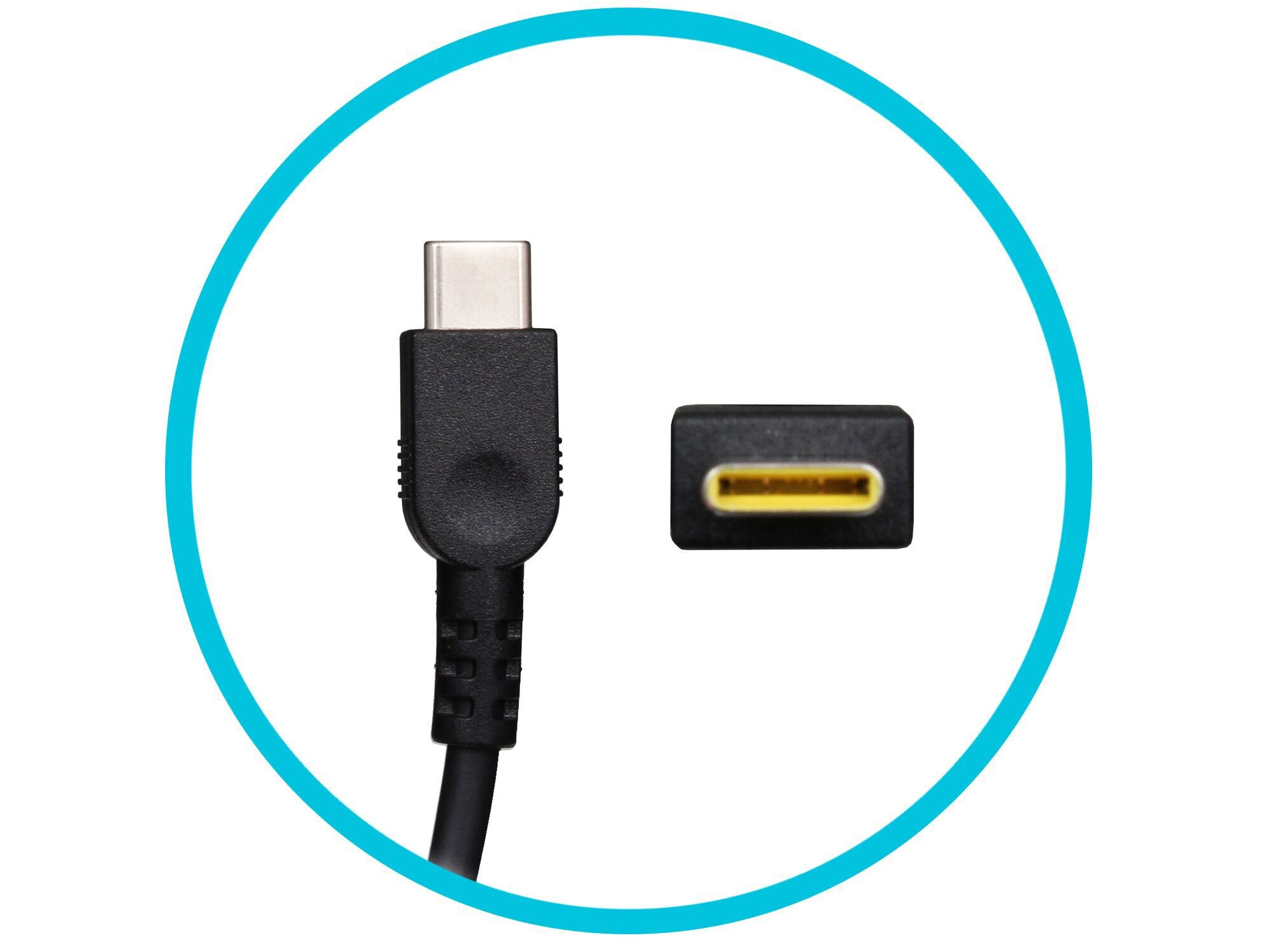 USB-C-Anschluss und -Port auf weißem Hintergrund mit blauem Kreis.