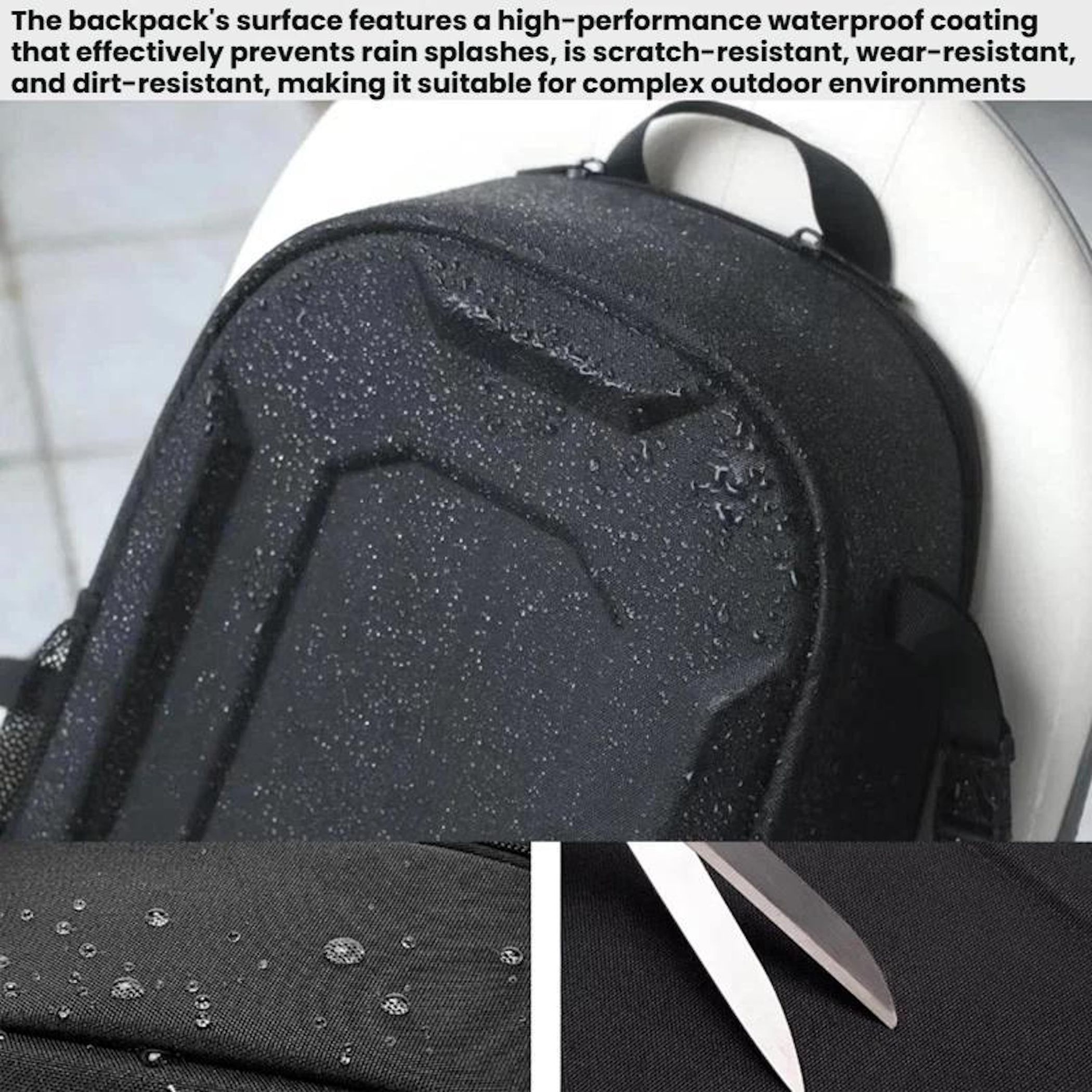 Schwarzer Rucksack mit Wassertropfen auf der Oberfläche. Unten eine Nahaufnahme des Stoffes.
