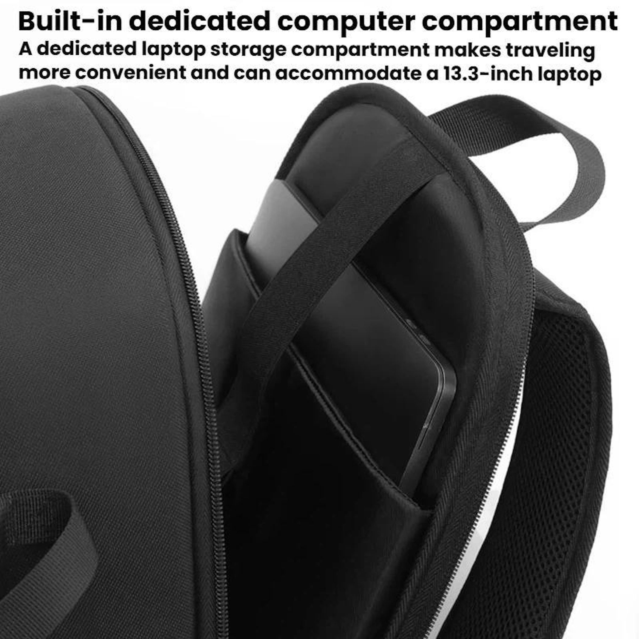 Schwarzer Rucksack mit Laptopfach. Ein 13,3-Zoll-Laptop ist sichtbar.