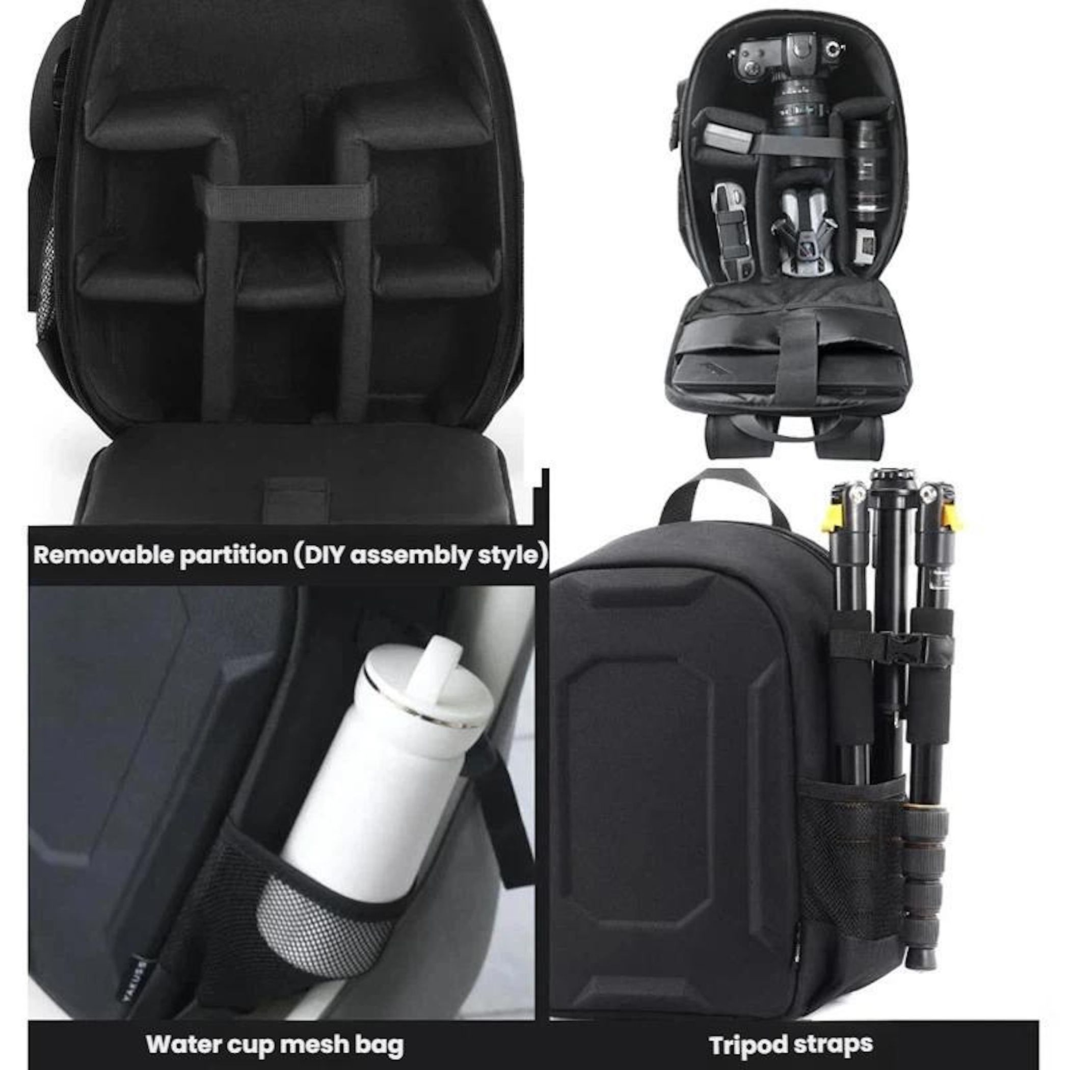 Ein schwarzer Kamerarucksack mit herausnehmbaren Trennwänden, einer Netztasche für Flaschen und Stativgurten.