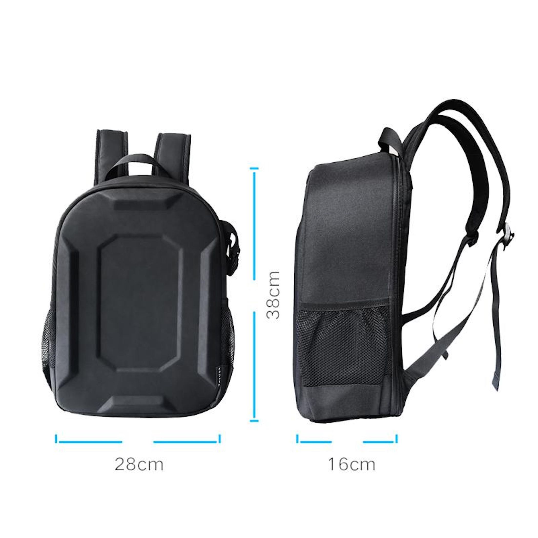 Schwarzer Rucksack mit zwei Ansichten, Maße 28x38x16cm.