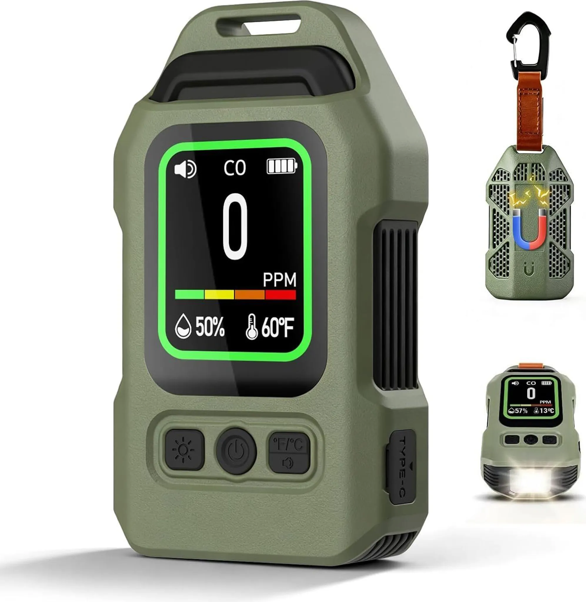 Grünes CO-Messgerät mit Display zeigt 0 PPM, 50% Luftfeuchtigkeit, 60°F.