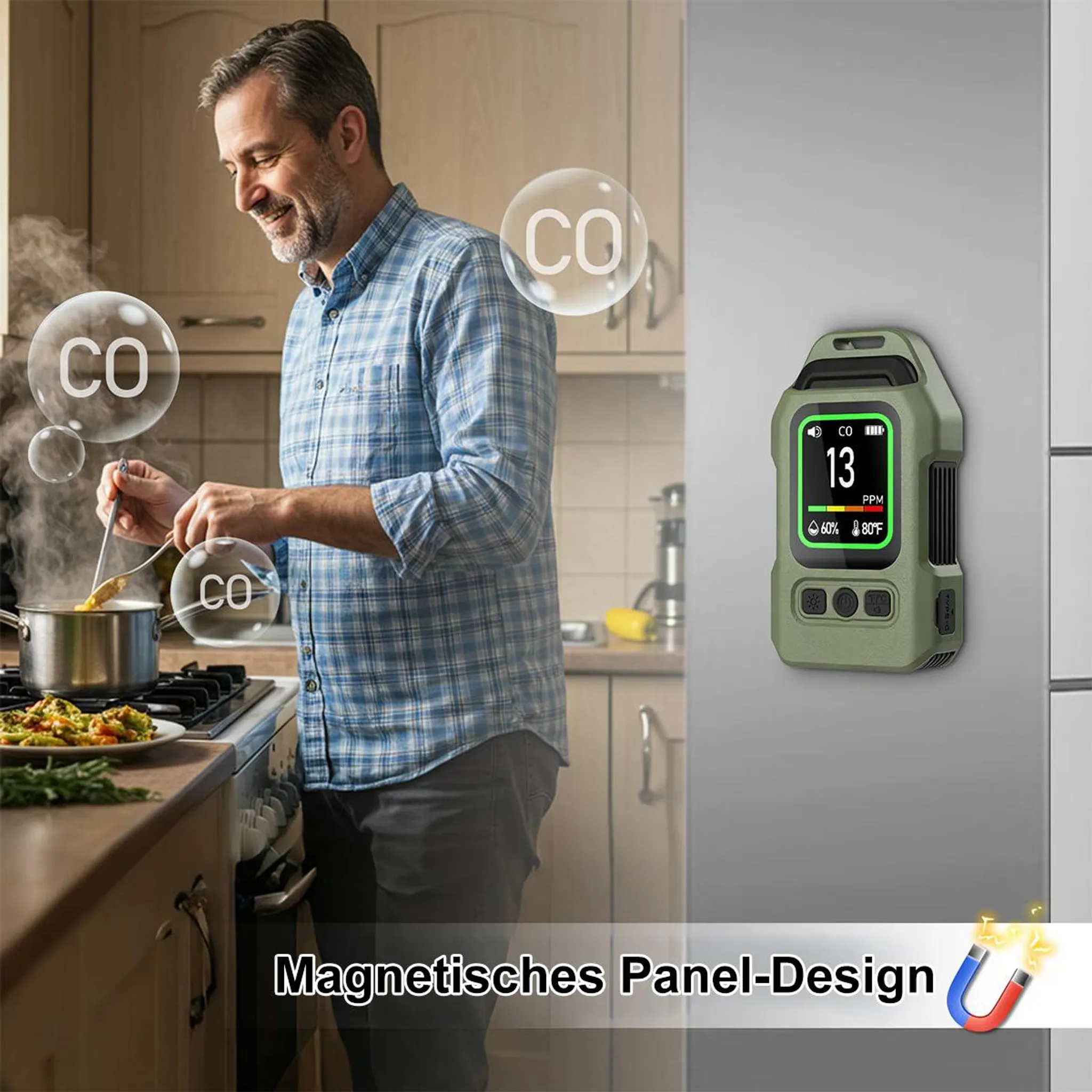 Mann kocht, CO-Detektor zeigt 13 PPM an. Magnetisches Panel-Design.
