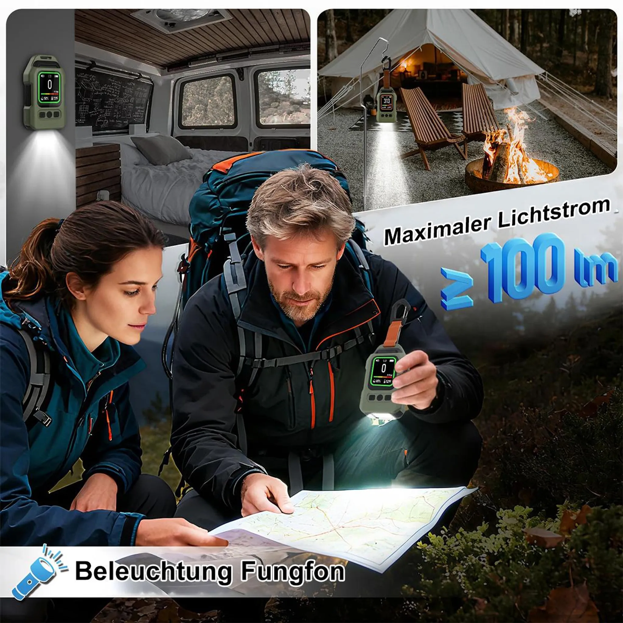 Ein Paar studiert eine Karte im Schein einer Lampe. Im Hintergrund ein Zelt und ein Camper.
