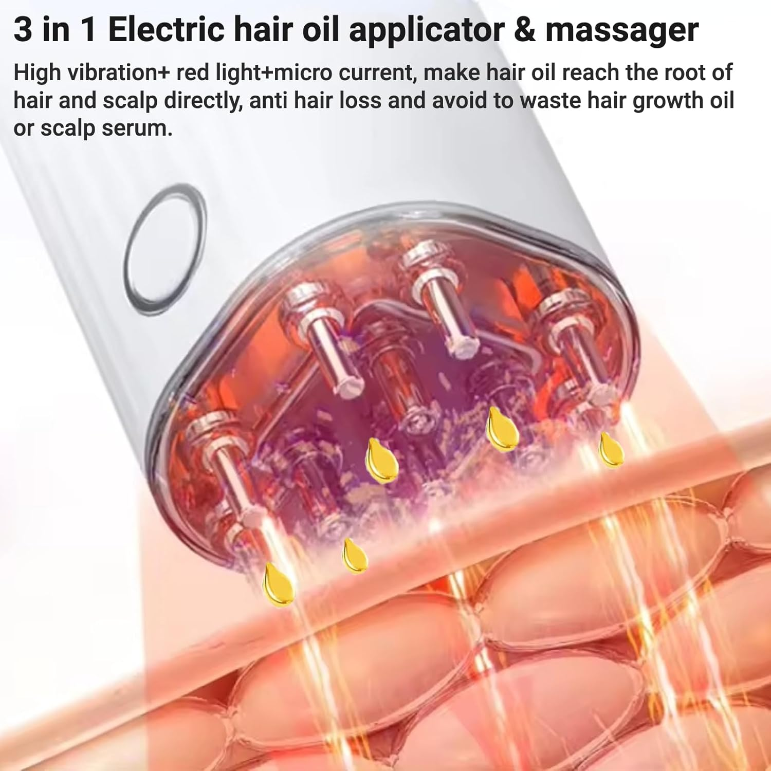 Elektrischer Haaröl-Applikator mit Rotlicht und Mikroströmen, der Öl auf die Kopfhaut aufträgt.