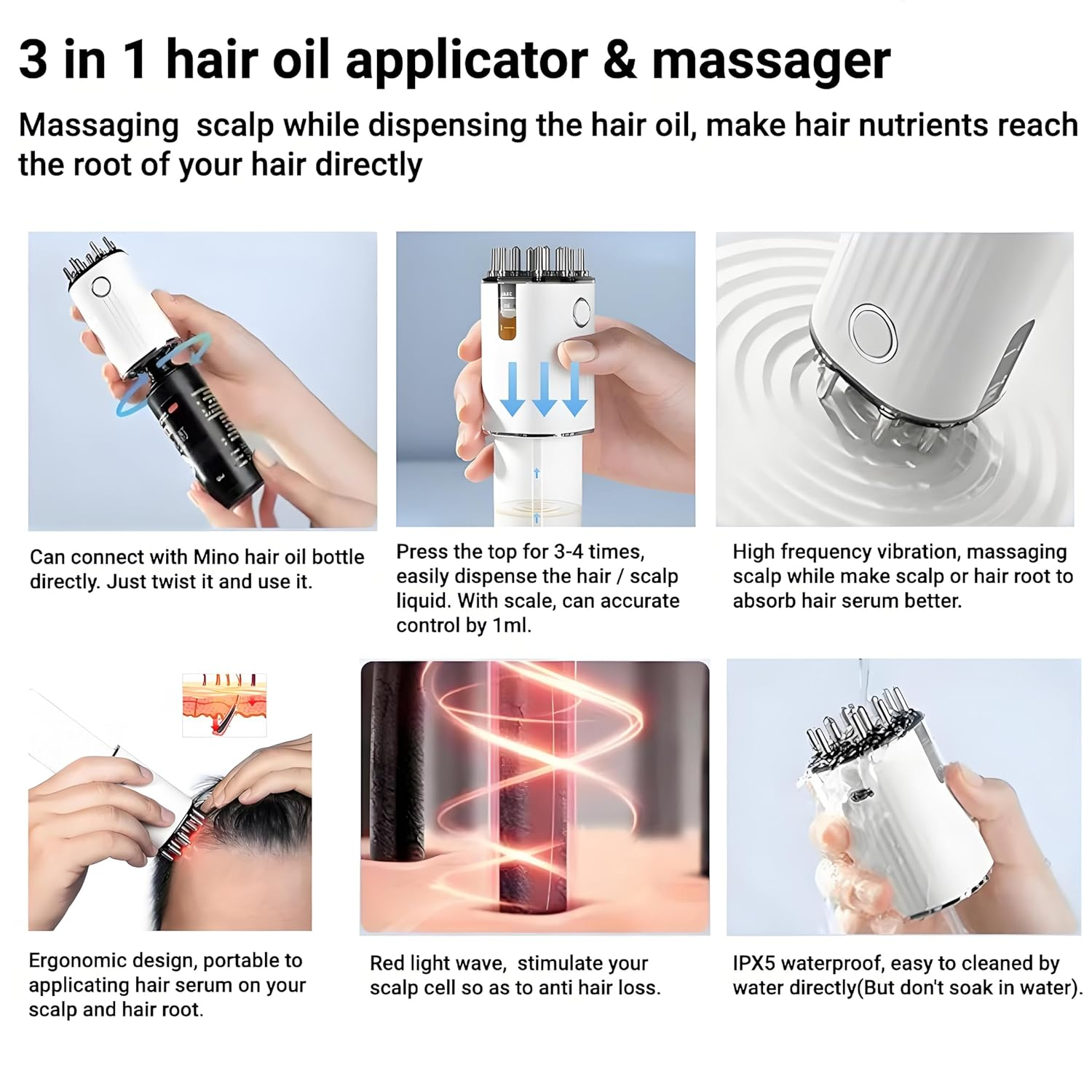 Ein 3-in-1-Haaröl-Applikator und -Massager, der das Haaröl abgibt und die Kopfhaut massiert.