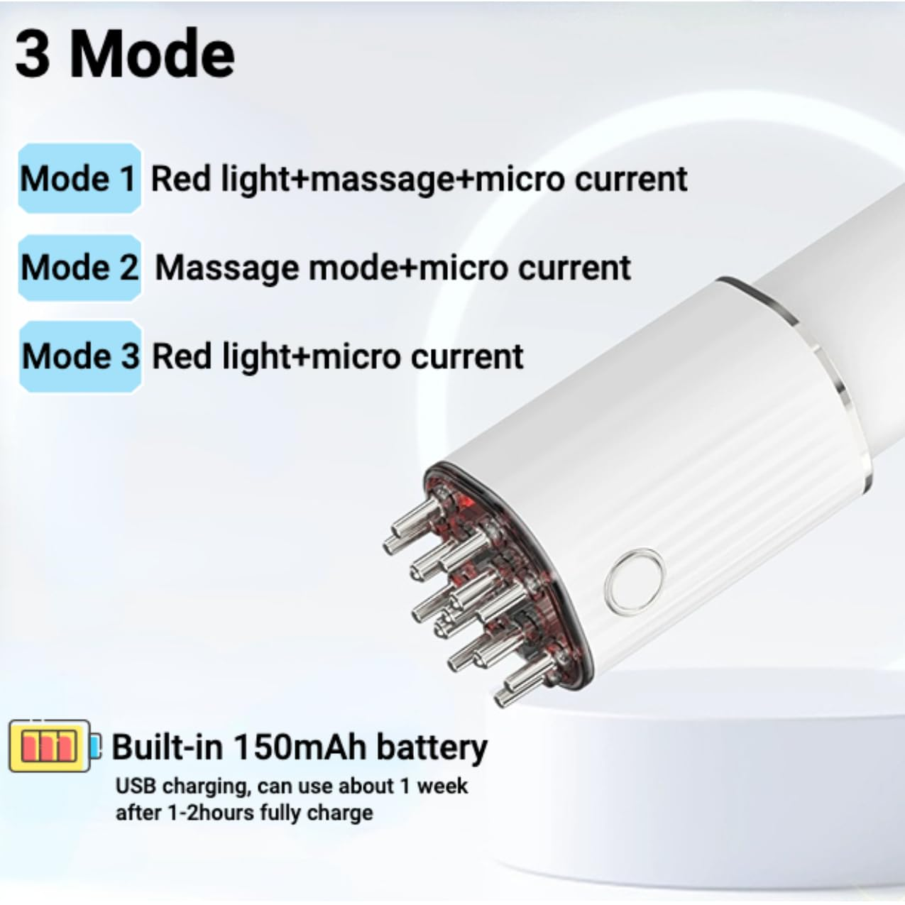 Gerät mit 3 Modi: Rotlicht/Massage/Mikrostrom. Hat 150mAh Akku.