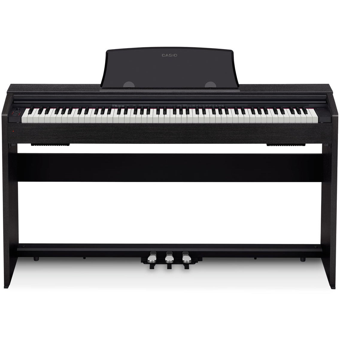 Un piano numérique noir avec pupitre et trois pédales.
