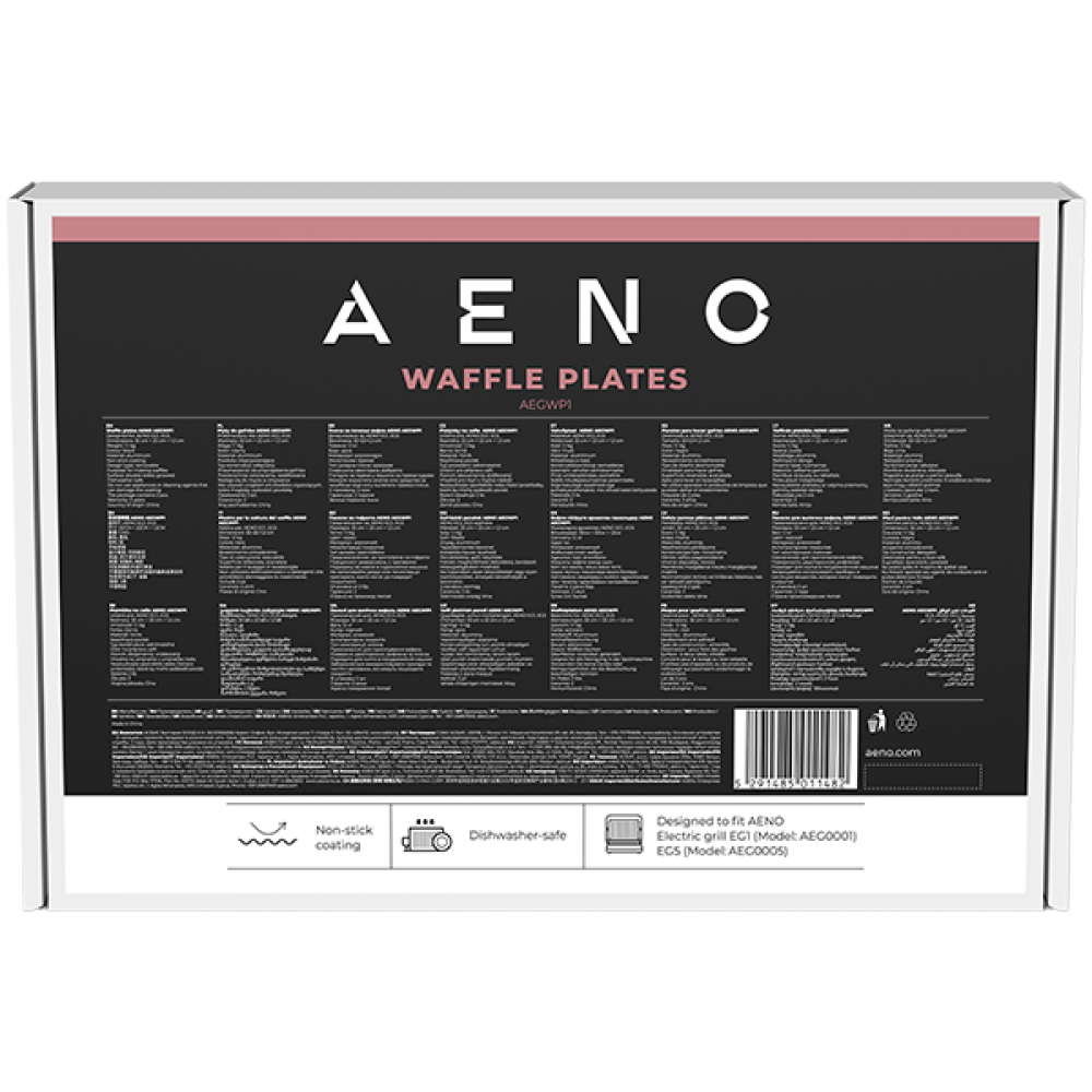 Opakowanie na płytki do gofrów AENO z informacjami o produkcie i ikonami.