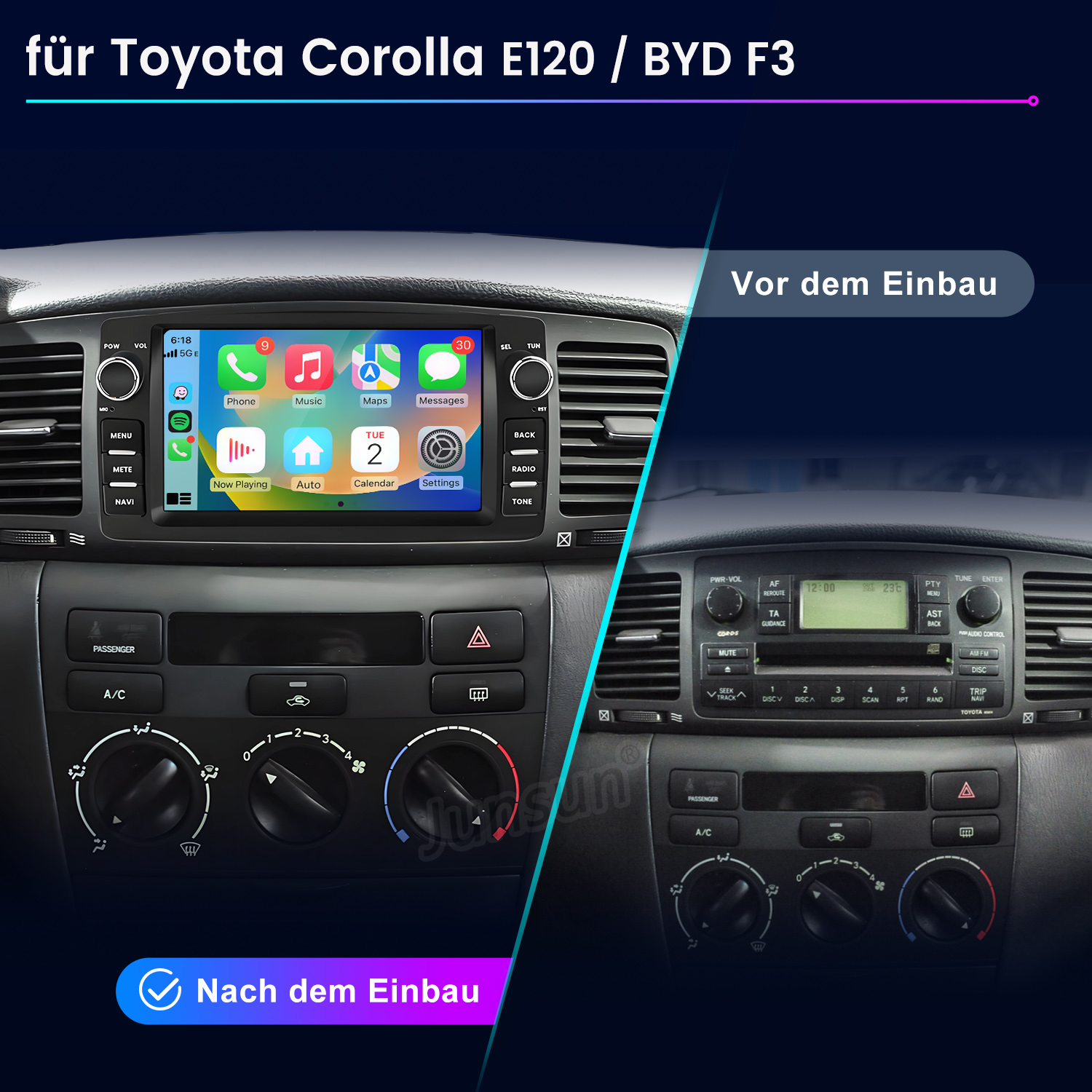 Vergleich eines Toyota Corolla E120/BYD F3-Armaturenbretts vor und nach dem Einbau eines Touchscreens.