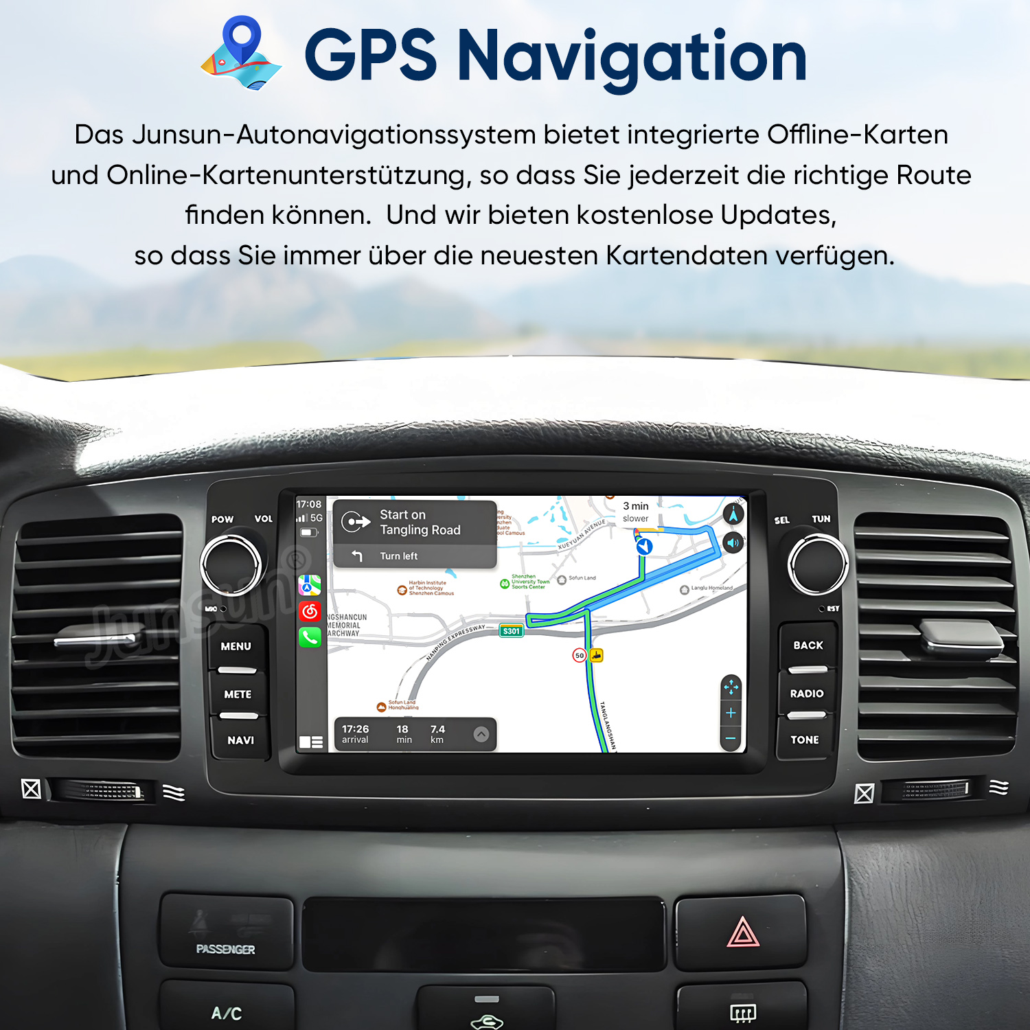 Autonavigationssystem mit Kartenanzeige und Routenführung auf dem Bildschirm.