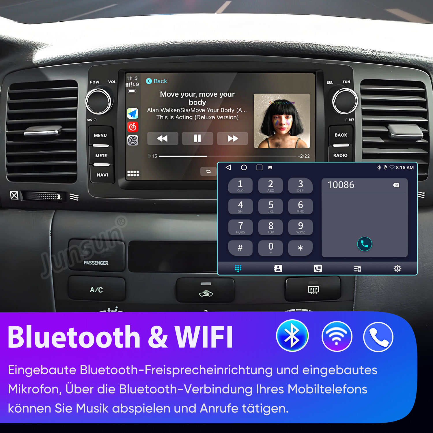 Auto-Infotainmentsystem mit Touchscreen, Musikwiedergabe, Telefonie und Navigationssymbolen.