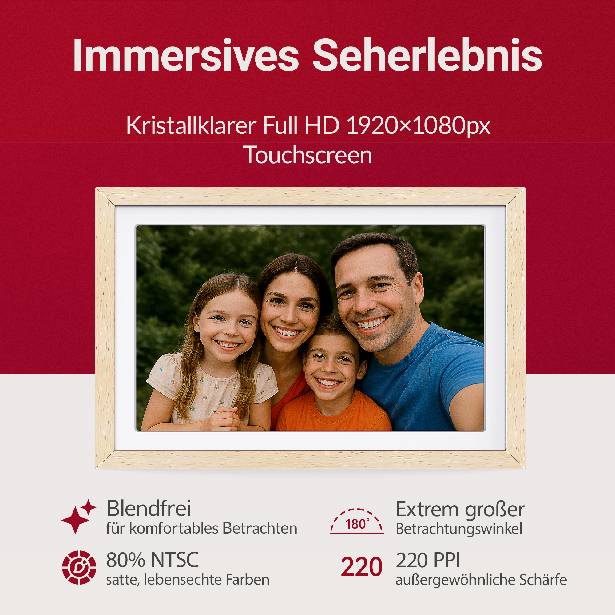 Familie im digitalen Bilderrahmen mit Full HD, 180° Betrachtungswinkel & 220 PPI.