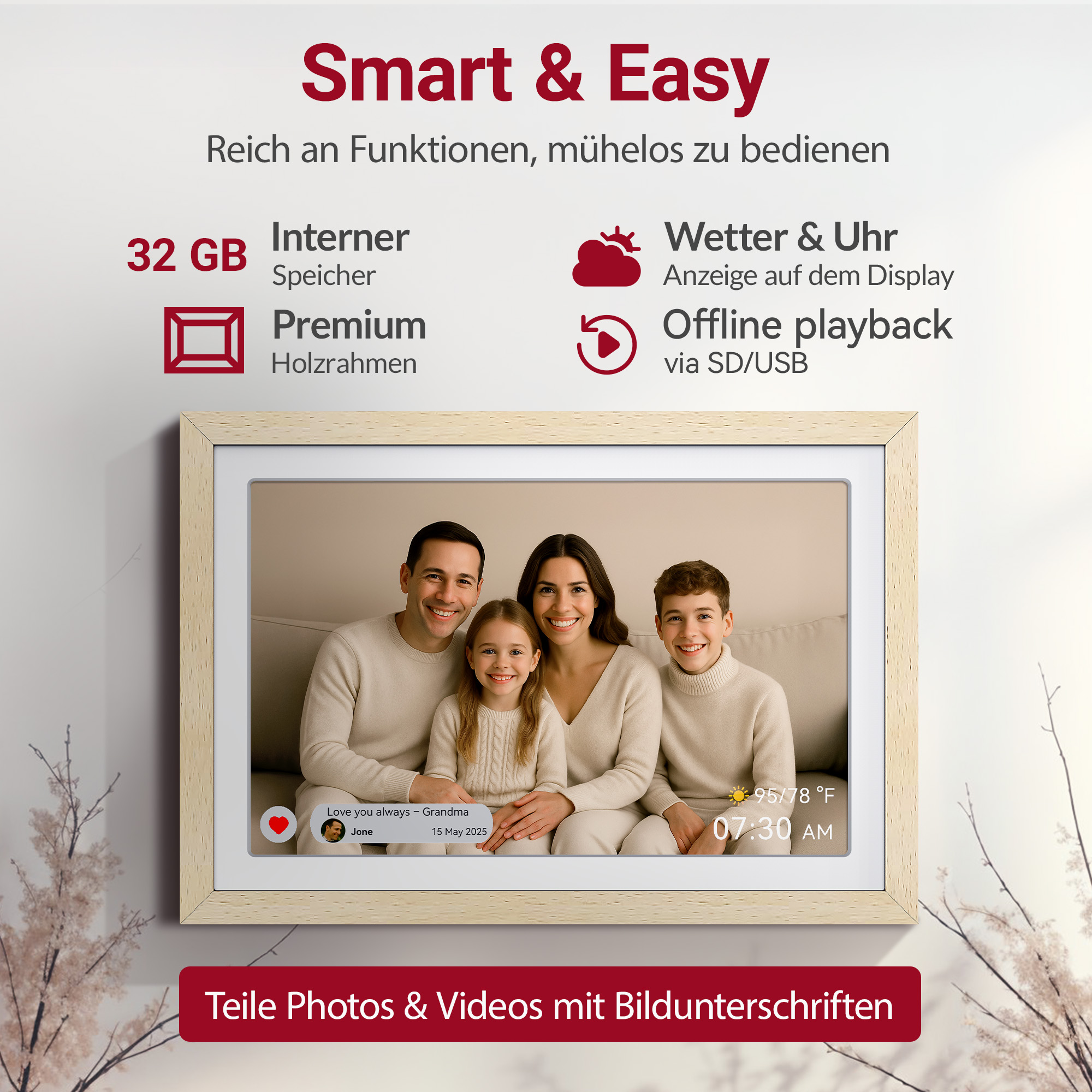 Ein digitaler Bilderrahmen zeigt eine Familie. Text nennt Features wie 32 GB Speicher & Wetteranzeige.