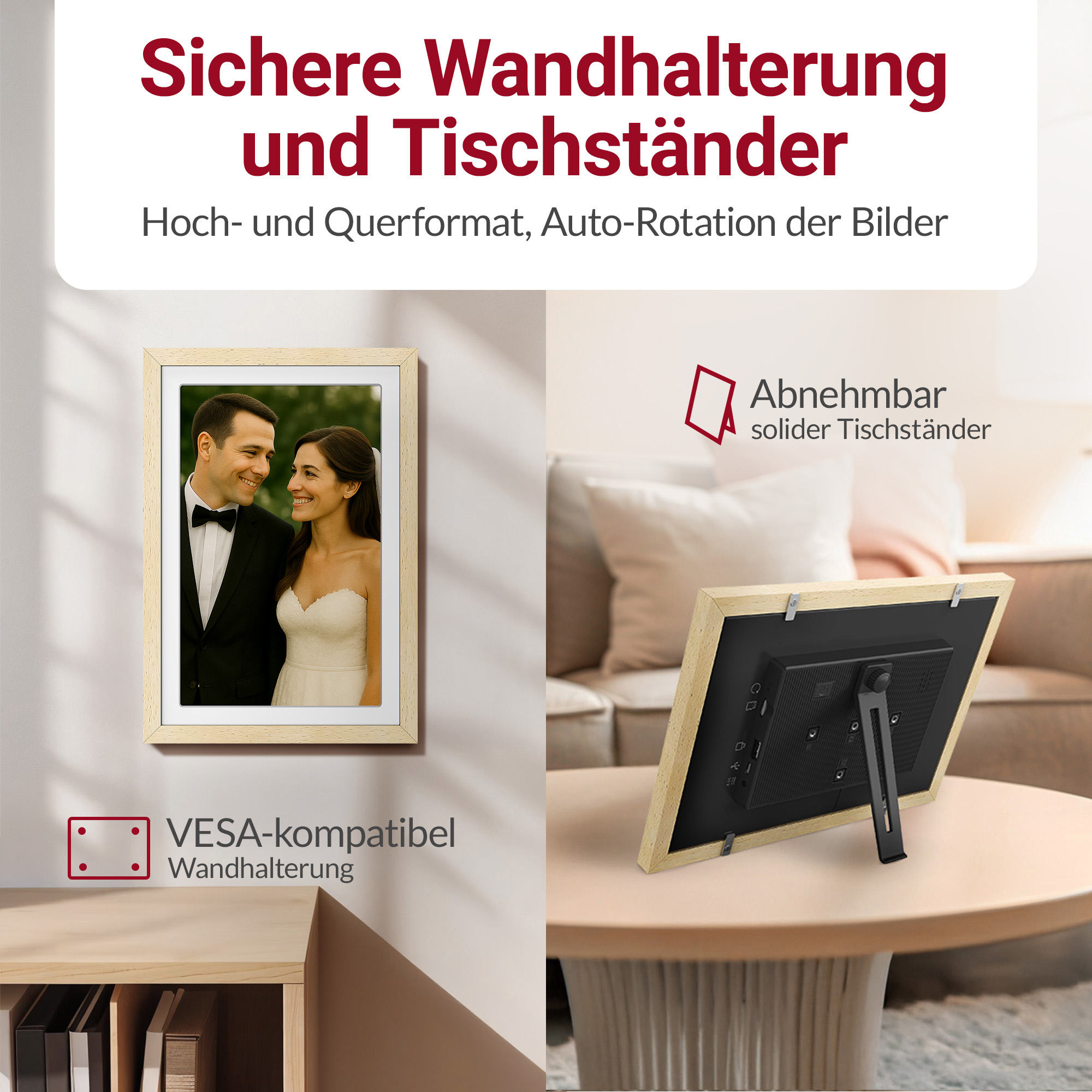Ein digitaler Bilderrahmen mit einem Hochzeitsfoto und abnehmbarem Ständer.