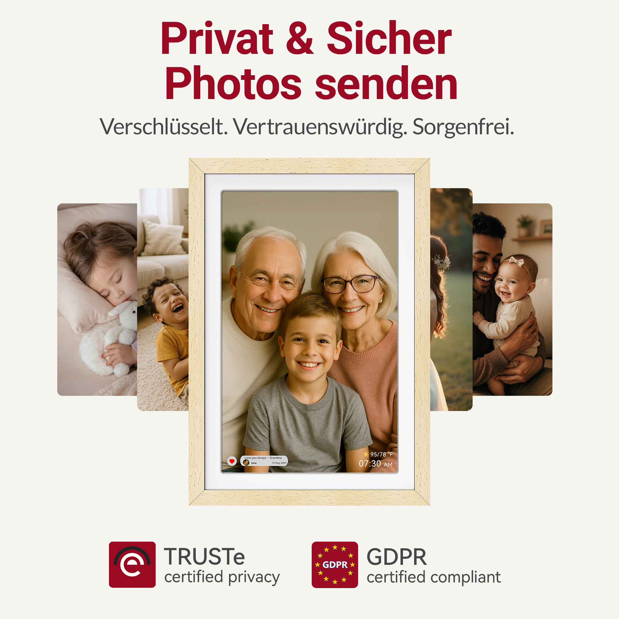 Digitaler Bilderrahmen mit Familienfotos und Siegeln für Privatsphäre.
