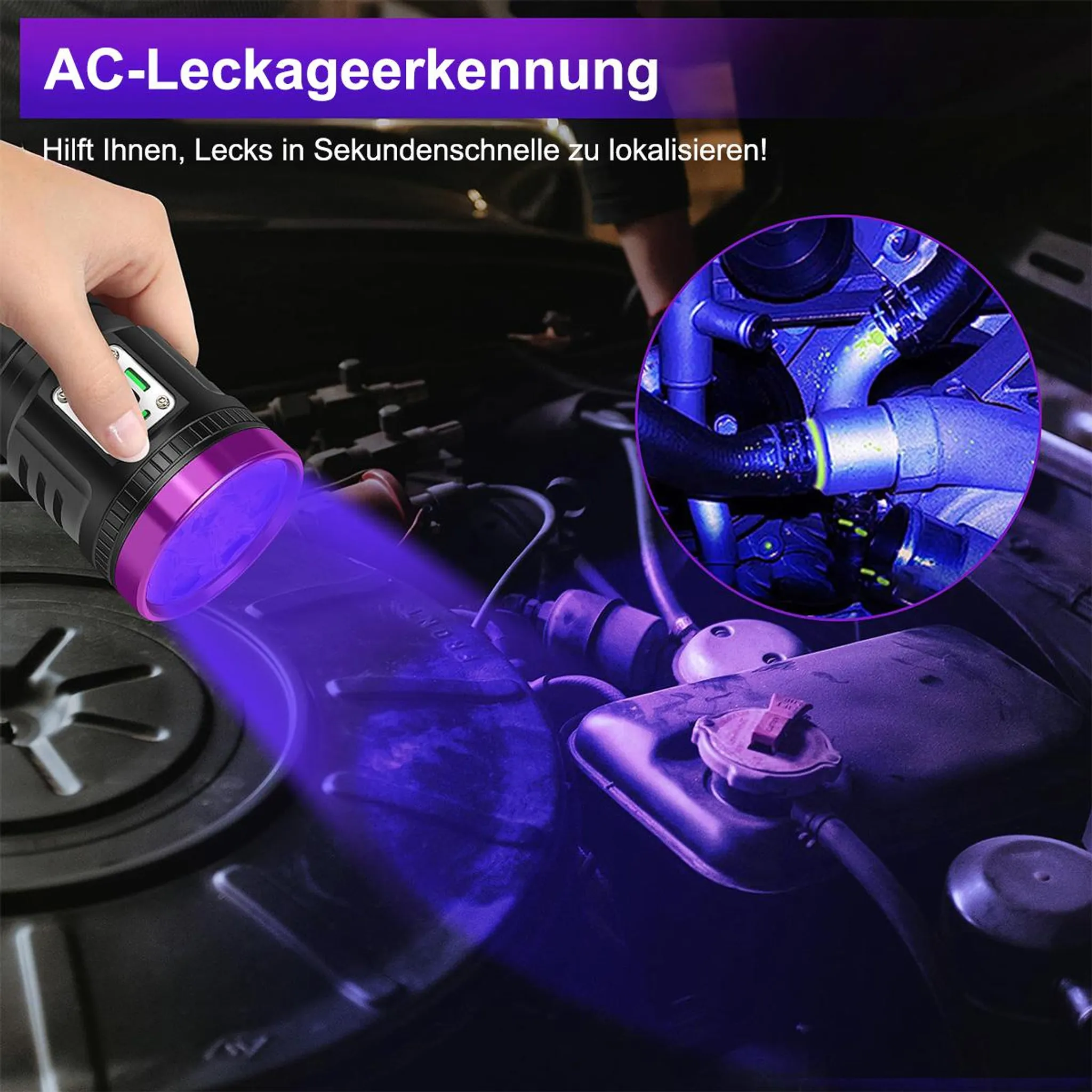 Eine Hand hält eine UV-Lampe, die einen Motorraum beleuchtet. Lecks leuchten grünlich.